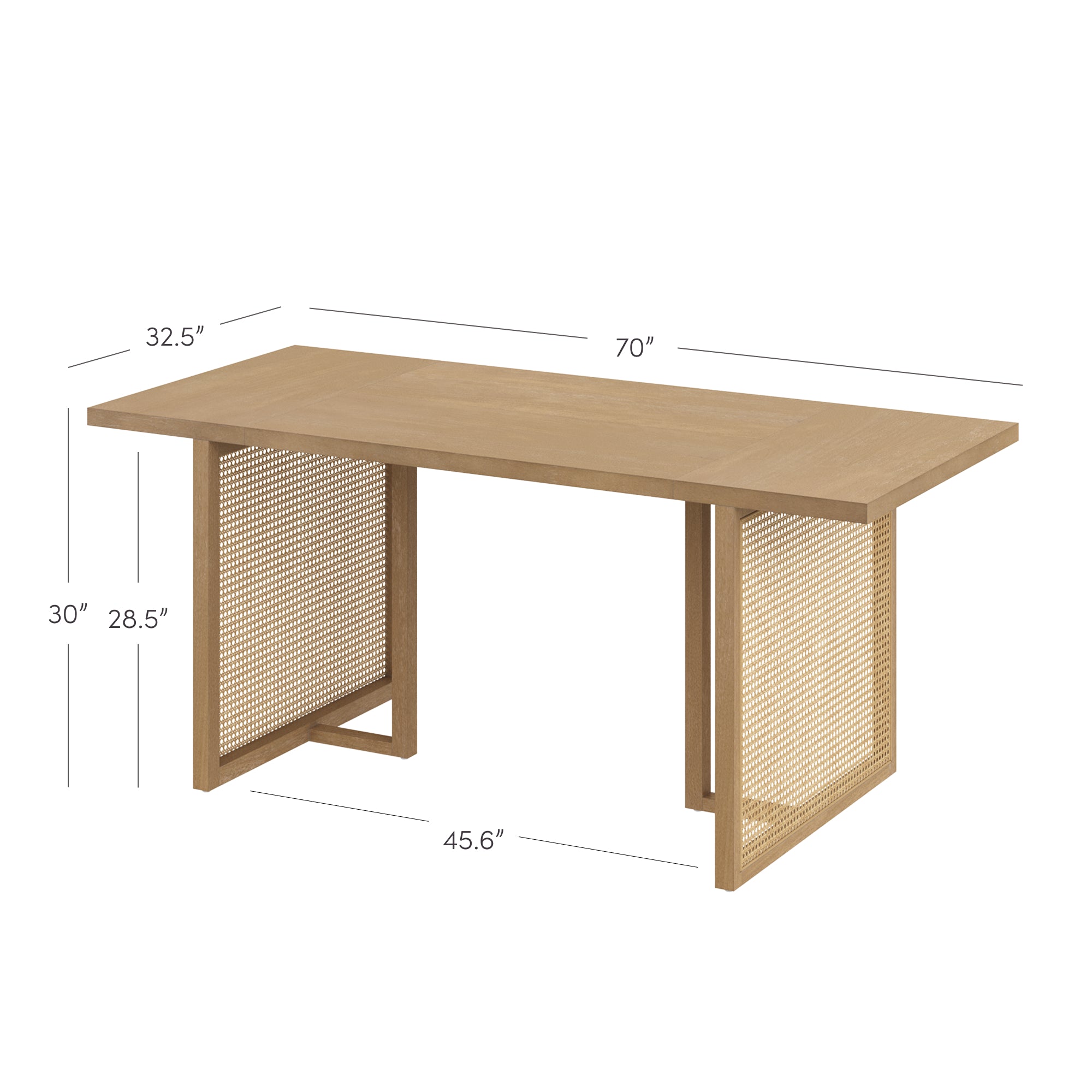 Rectangular wooden table with two panel legs featuring a mesh design. The table measures 70 inches long, 32.5 inches wide, and 30 inches high. The legs are 45.6 inches apart and 28.5 inches tall.