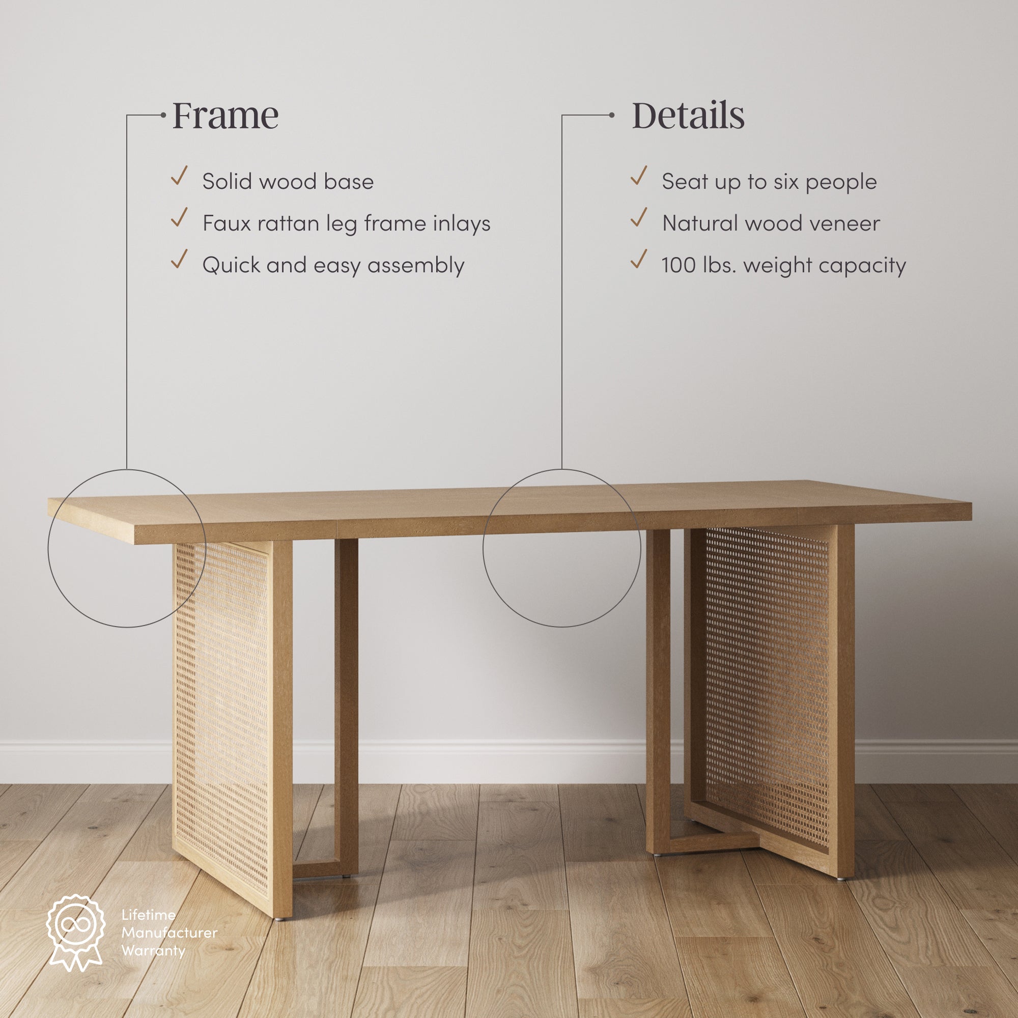 A modern wooden table with rattan inlays is shown in a minimal room. Text highlights features: solid wood base, faux rattan leg inlays, easy assembly, seats up to six, natural veneer, and 100 lbs. weight capacity.