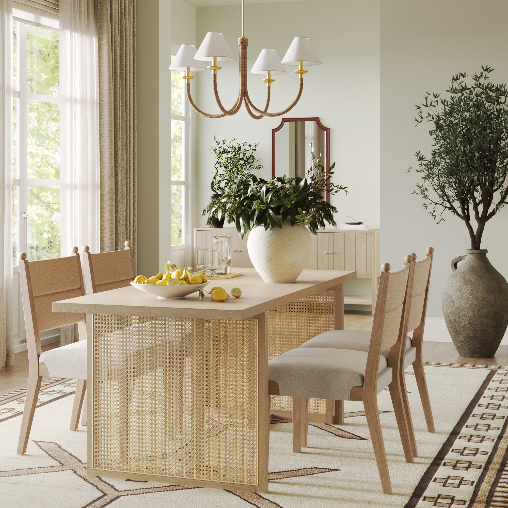 A bright dining room features the Nathan James Bohemian Natural Wood & Rattan Dining Table in light brown, four beige cushioned chairs, a large white vase with greenery, lemons on a tray, chandelier, wall mirror, cabinet, tall windows, and a potted tree.