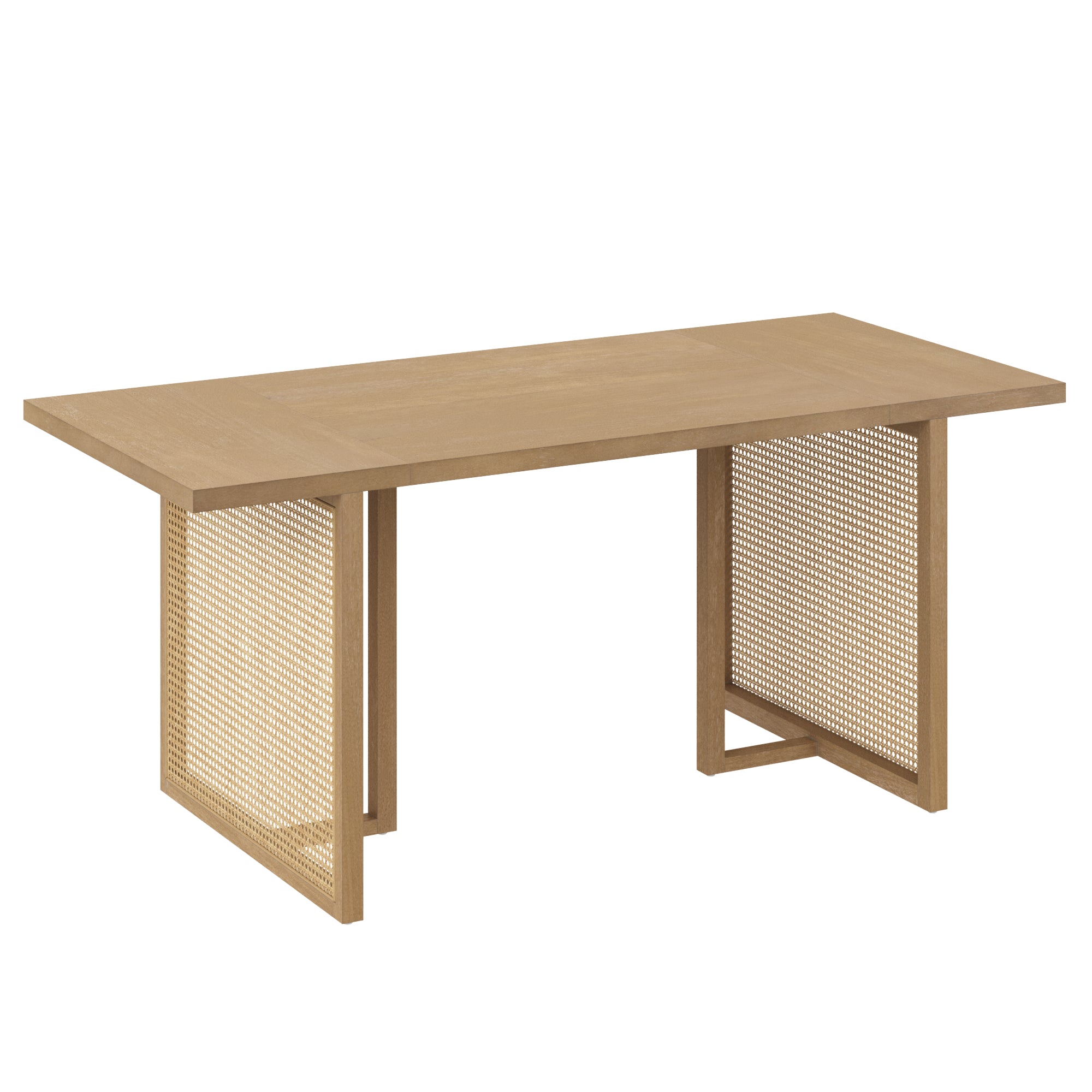 A rectangular wooden table with a smooth top and two wide, flat legs featuring a mesh or lattice design, viewed against a plain white background.