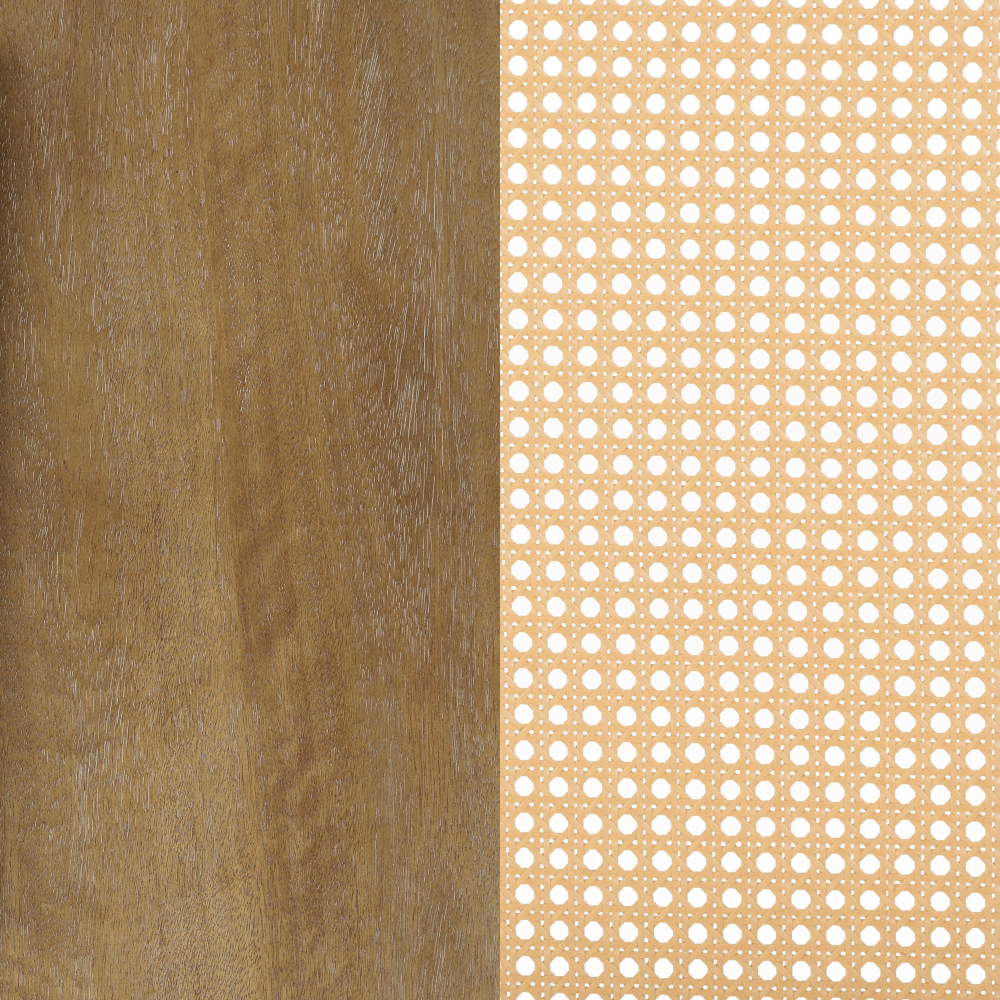 A side-by-side comparison of two surfaces: the left side shows smooth light brown wood grain, while the right side displays a tan woven cane pattern with evenly spaced circular holes on a white background.