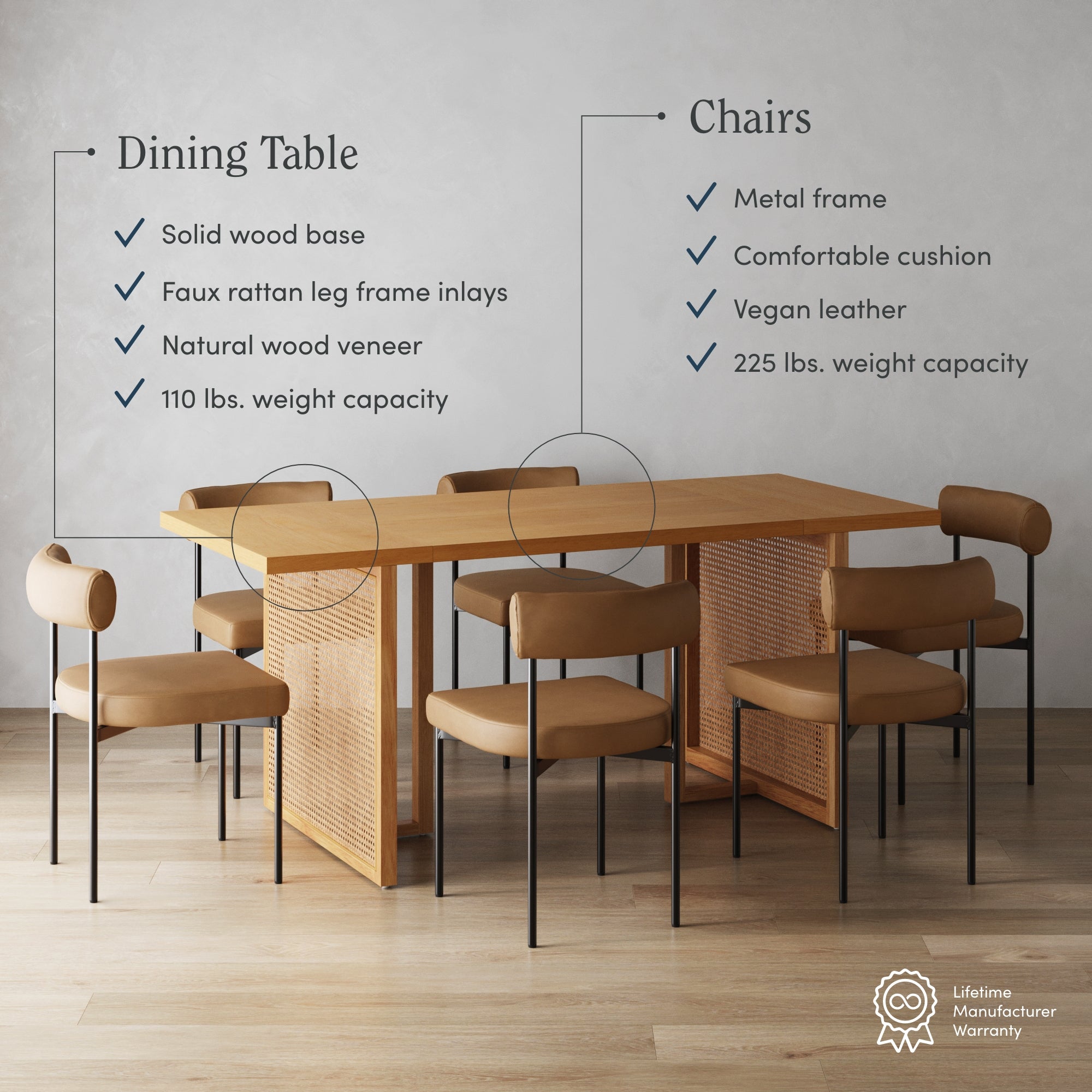 A modern dining table set with a wood base and six brown cushioned chairs with metal frames. Text highlights features such as solid wood base, vegan leather chairs, and respective weight capacities.