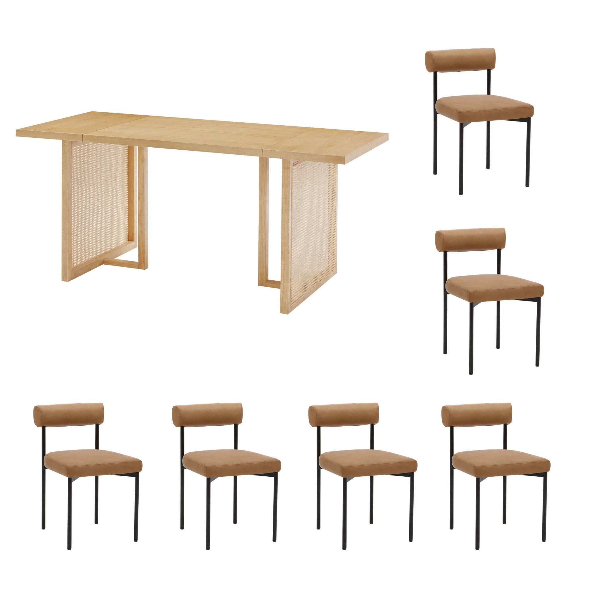 A rectangular wooden dining table with light wood grain, accompanied by six brown upholstered chairs with black metal legs, arranged in a semicircle around the table.