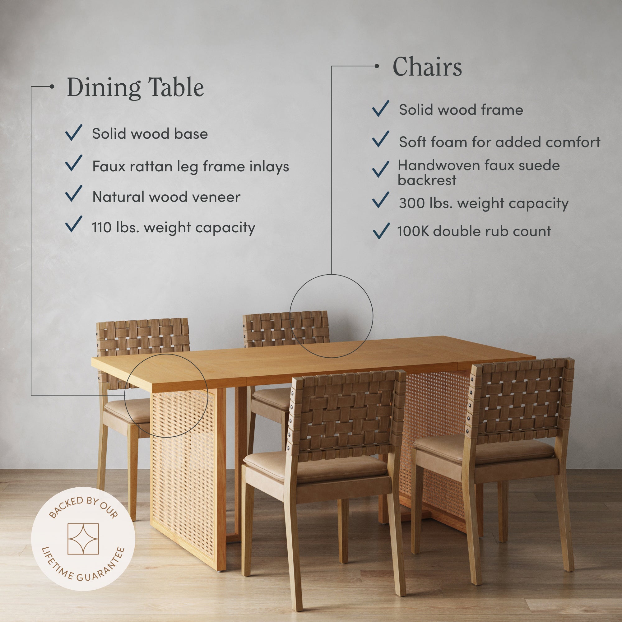 Dining Set 4 Chairs Brown Wood & Faux Suede - Nathan James