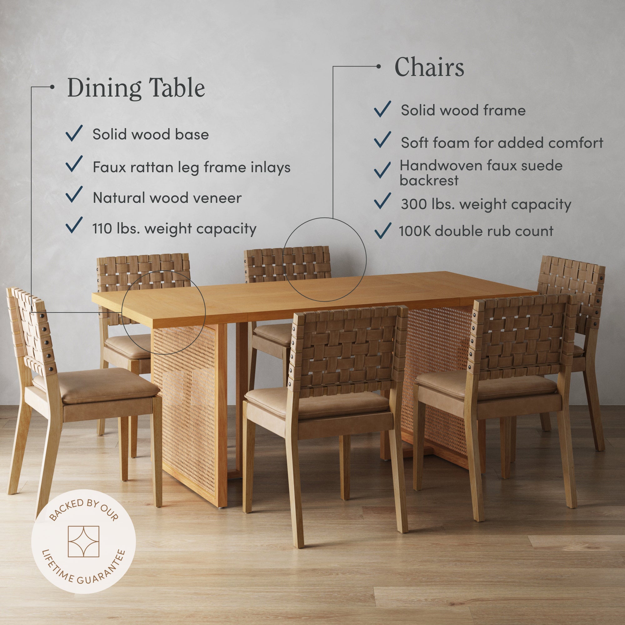 Dining Set 6 Chairs Brown Wood & Faux Suede - Nathan James