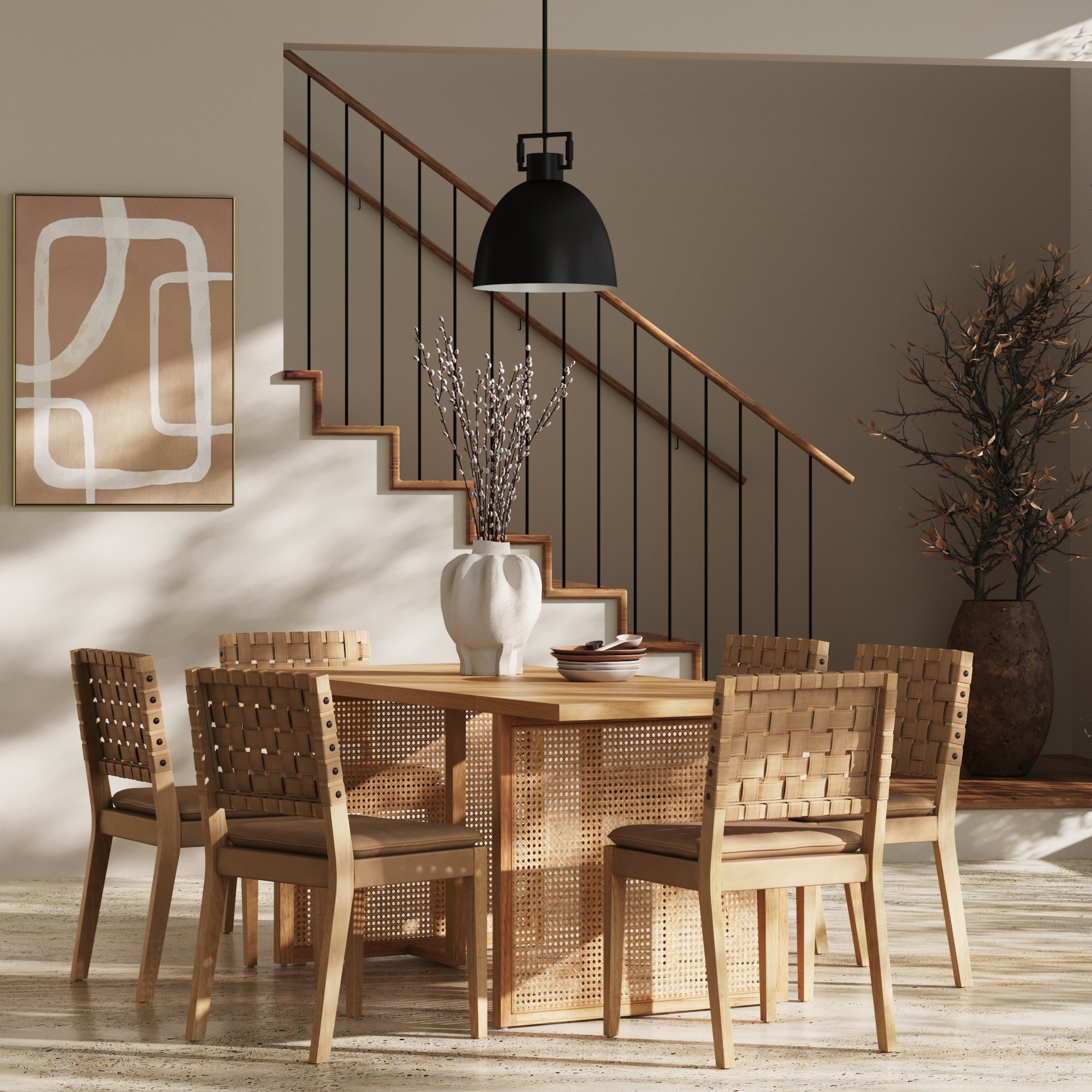 Dining Set 6 Chairs Brown Wood & Faux Leather