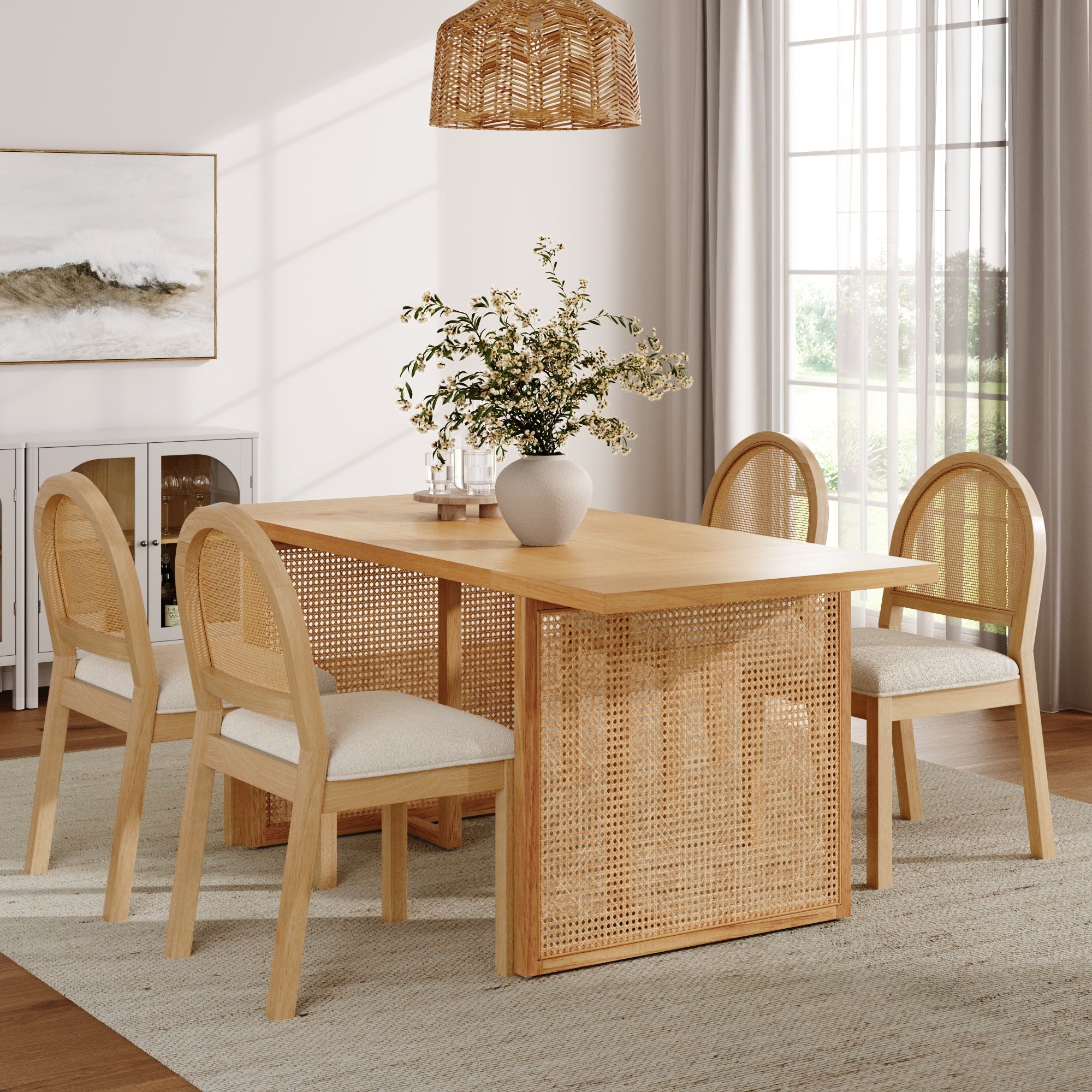 Dining Set 4 Chairs Light Brown Wood & Fabric