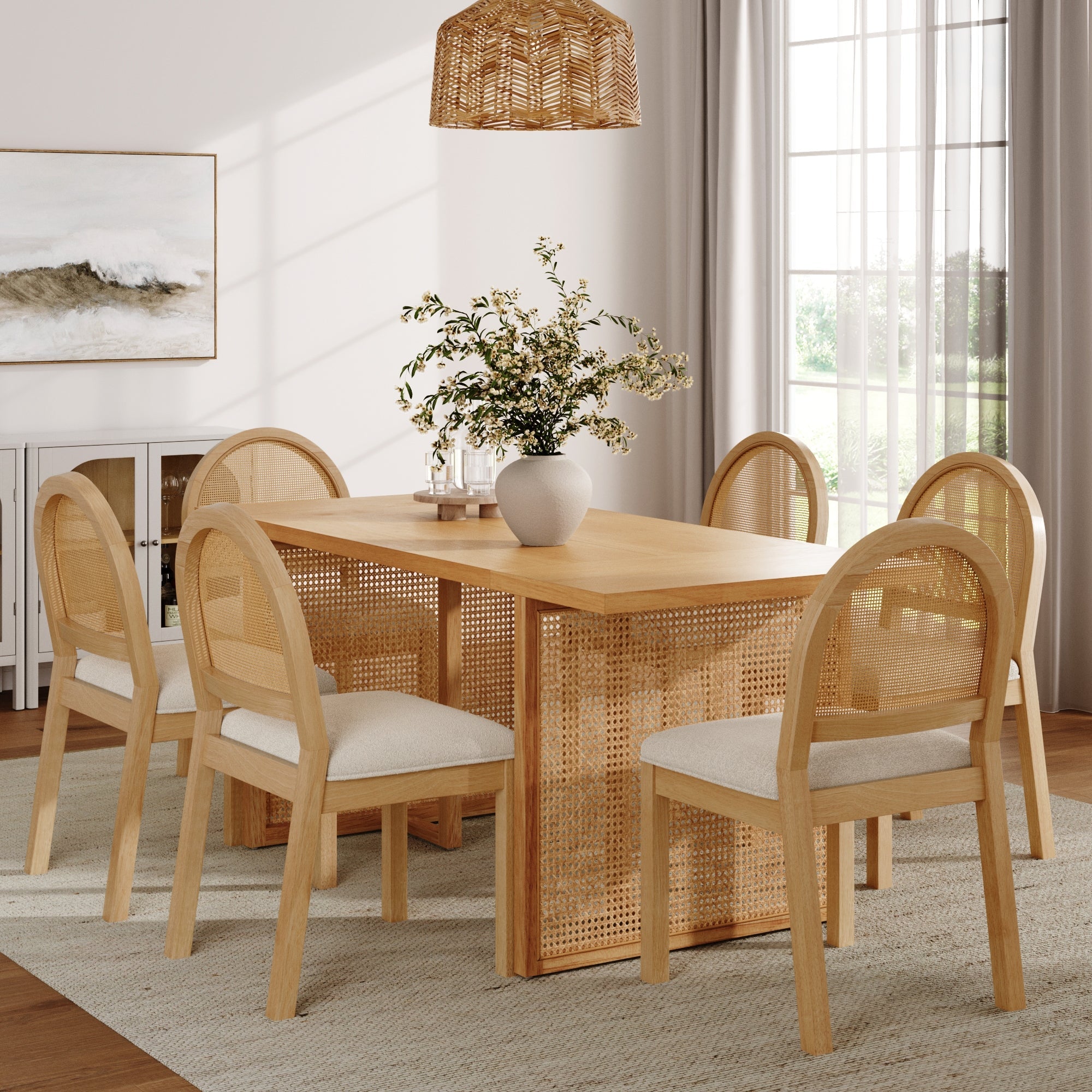 Dining Set 6 Chairs Light Brown Wood & Fabric