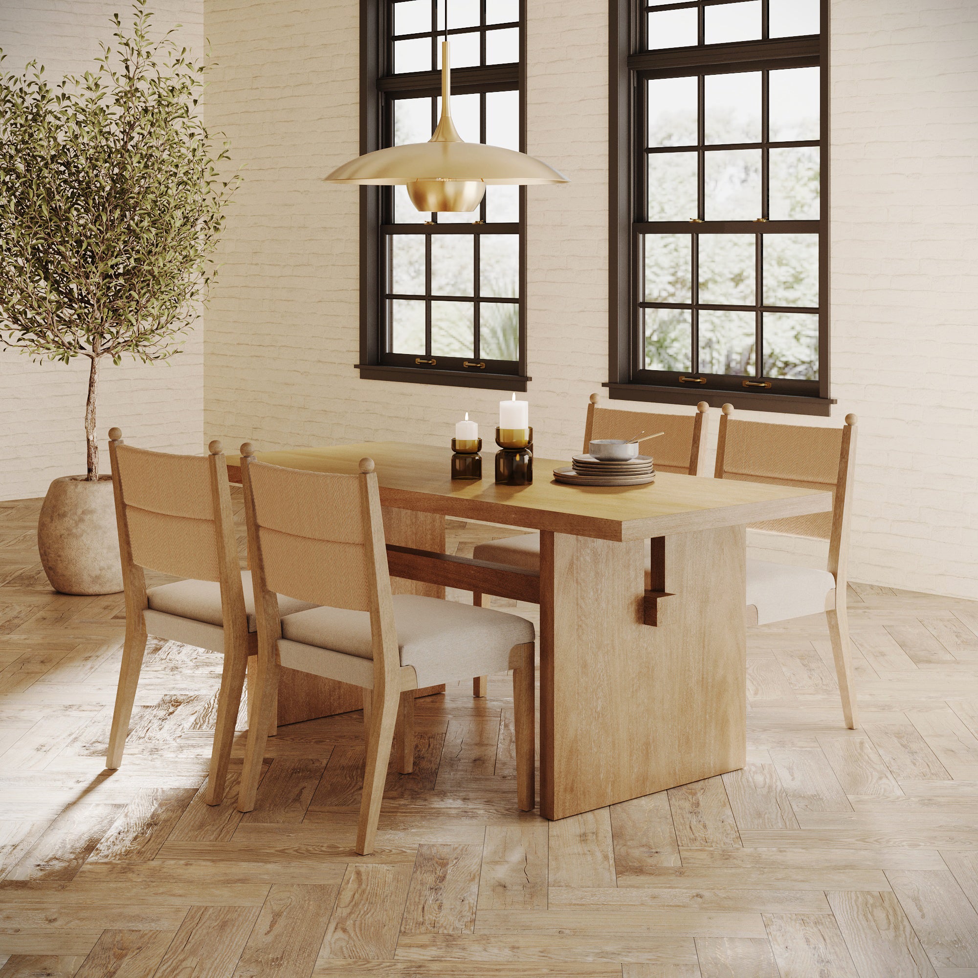 Boho Solid Wood Dining Set Light Brown (4 Chairs)