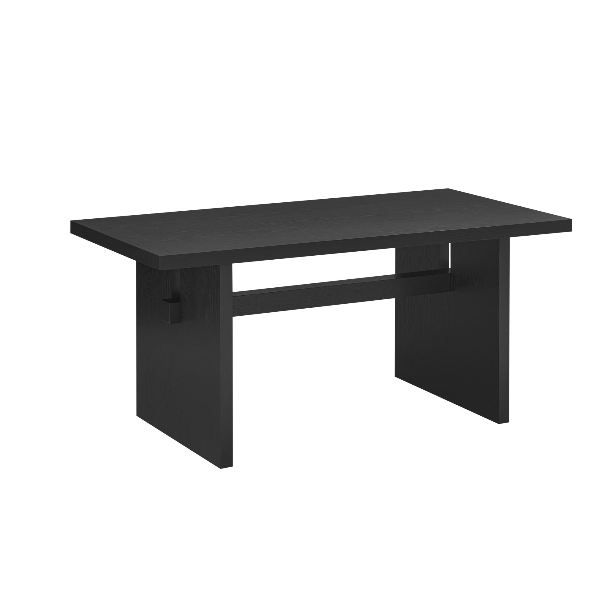 A modern rectangular black wooden table with thick legs and a simple, minimalist design.