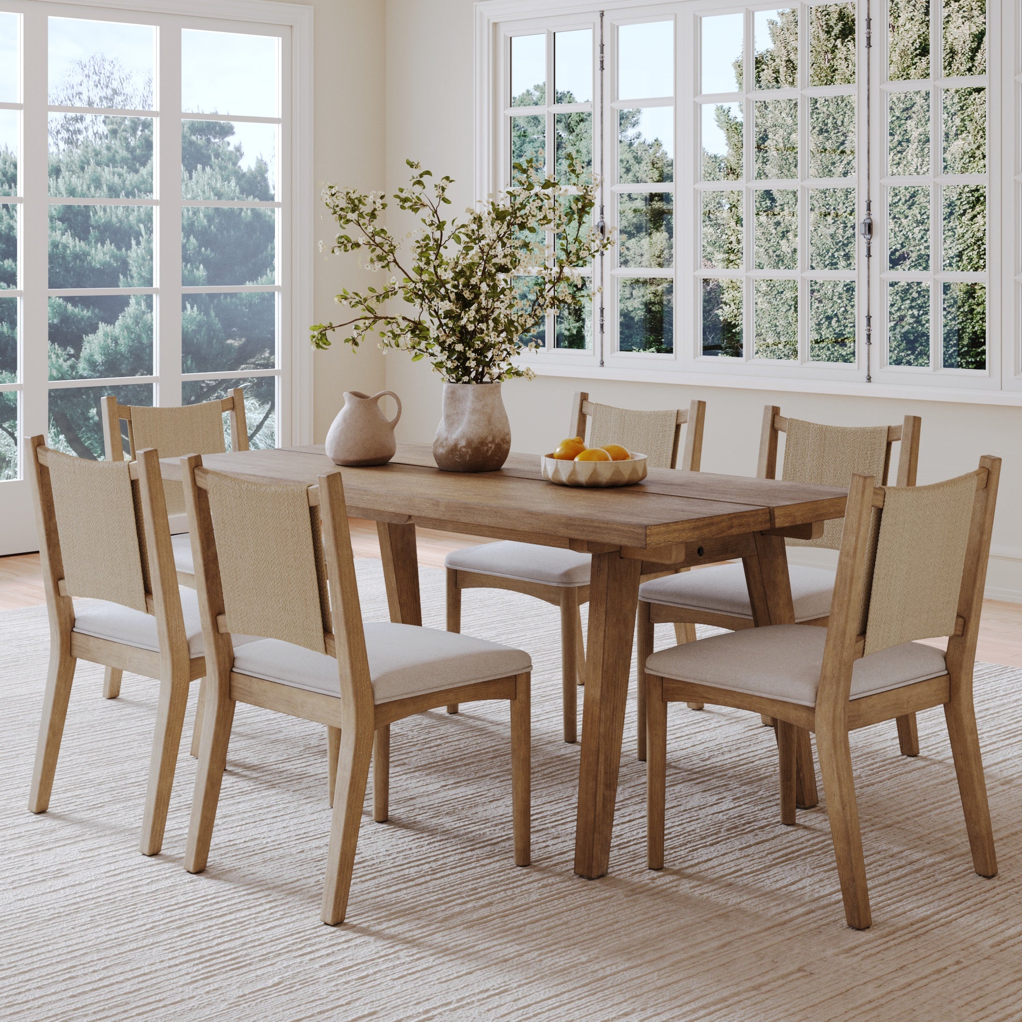 Bohemian Wooden Dining Table Set (6 Chairs)