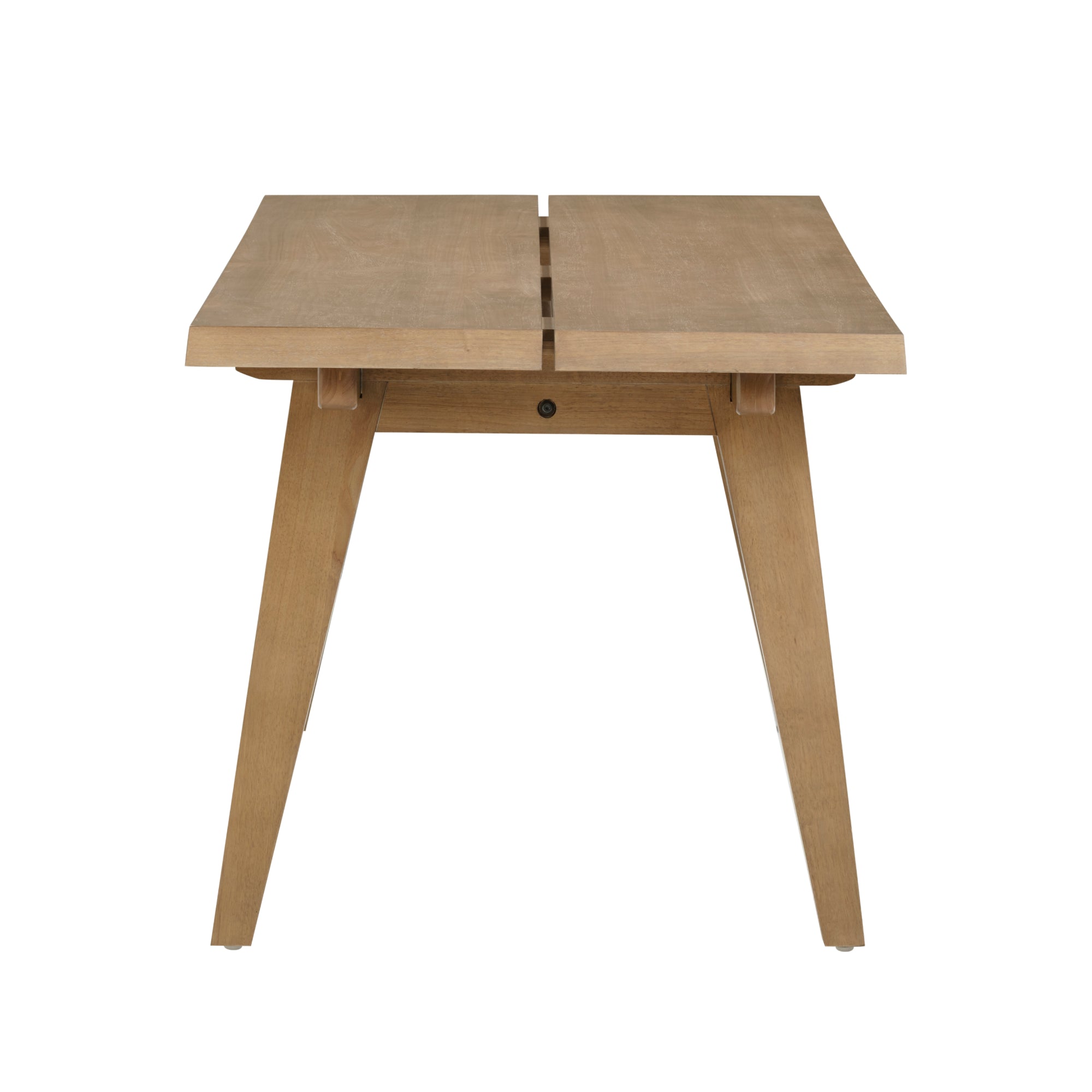 A wooden table with angled legs and a rectangular top that features a central gap running lengthwise, viewed from the short end.