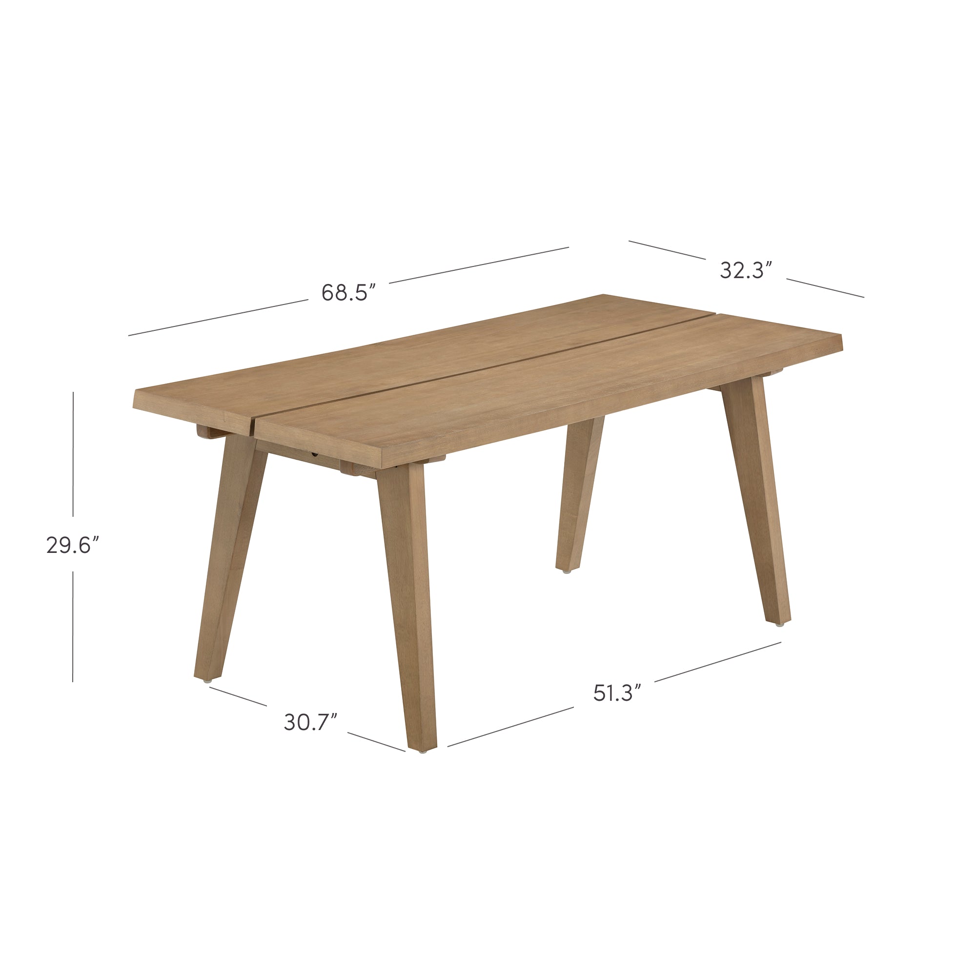 Rectangular wooden table with angled legs, shown with dimensions: 68.5 long, 32.3 wide, 29.6 high. The distance between the legs on the longer side is 51.3 and on the shorter side is 30.7.