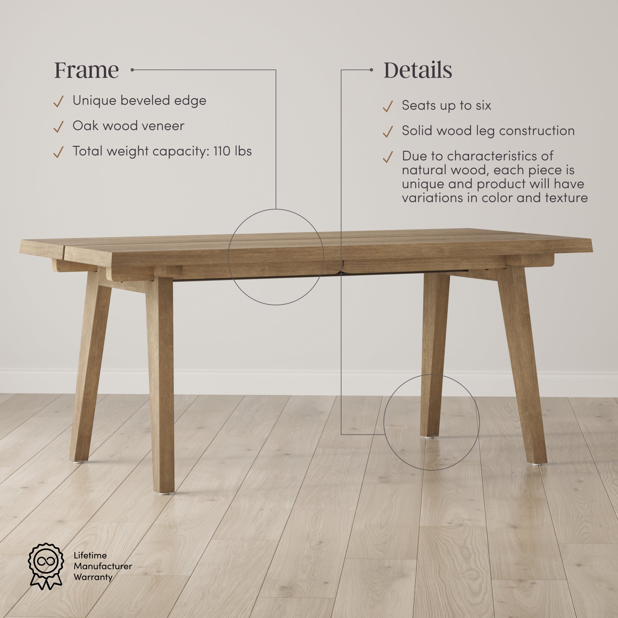 A rectangular wooden table with angled legs sits on a light wood floor. Text highlights features: beveled edge, oak veneer, 110 lbs capacity, seats six, solid wood legs, and natural wood variations.
