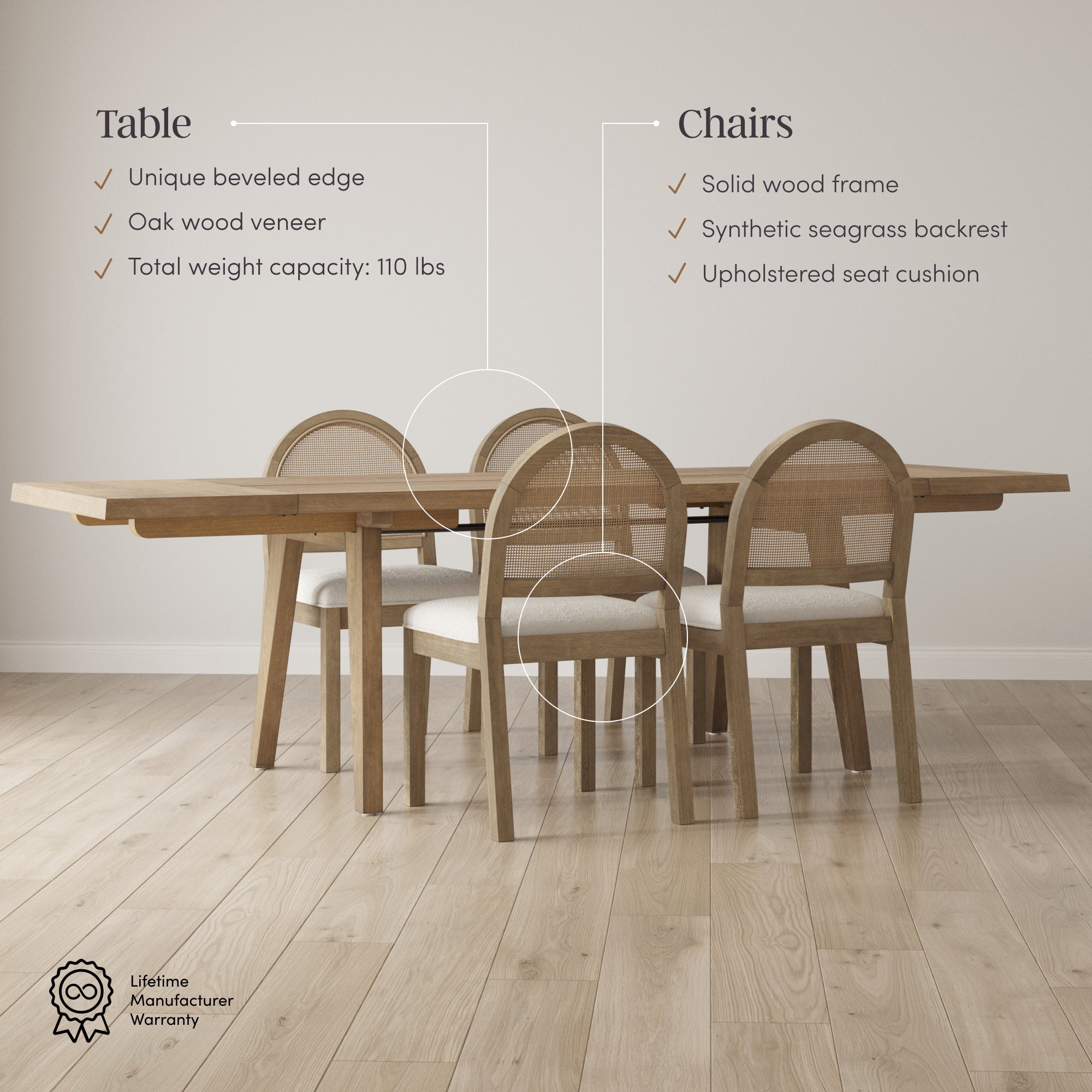 Extendable Boho Rattan Dining Table Set - Thumbnail 4