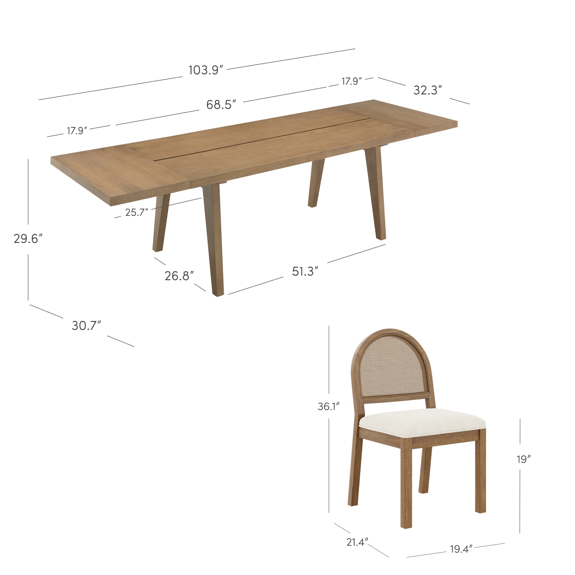 Andy Extendable Dining Table Set with Rattan Chairs - Thumbnail 5