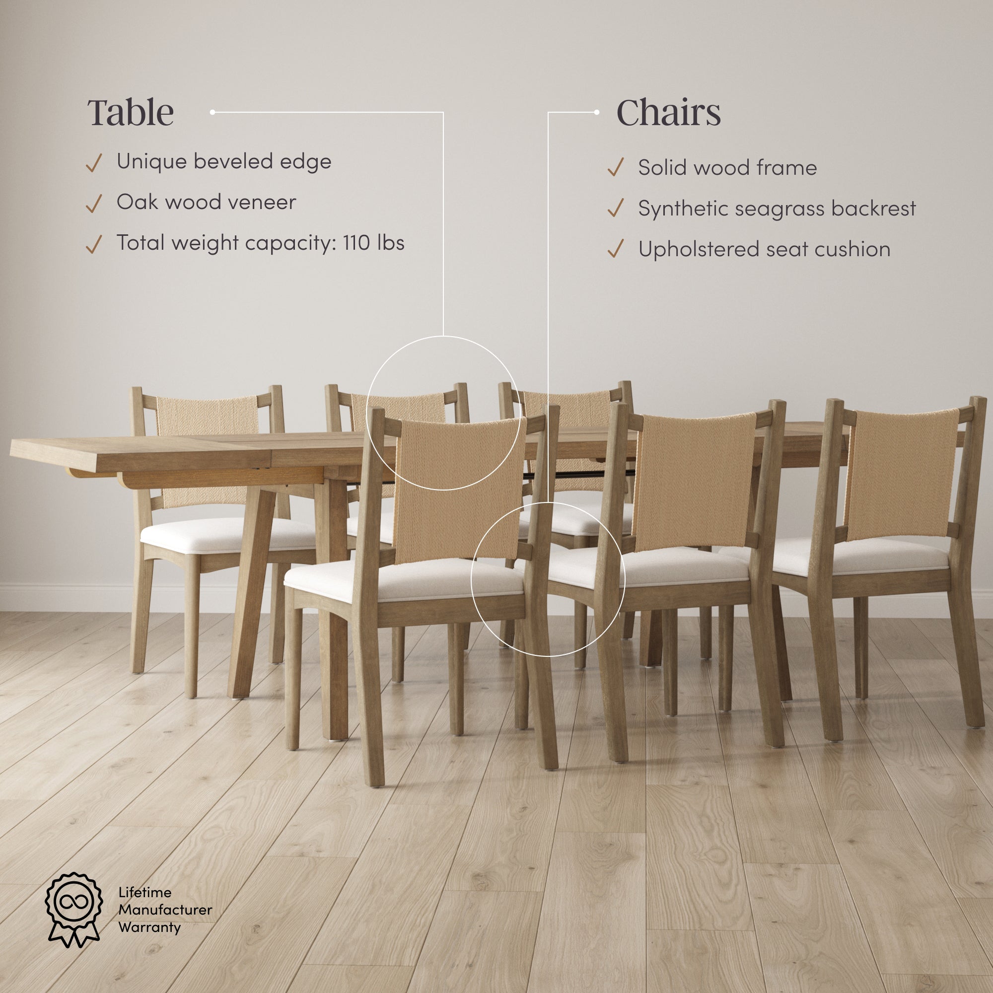 Andy Extendable Dining Table Set with 6 Elodia Chairs - Thumbnail 4