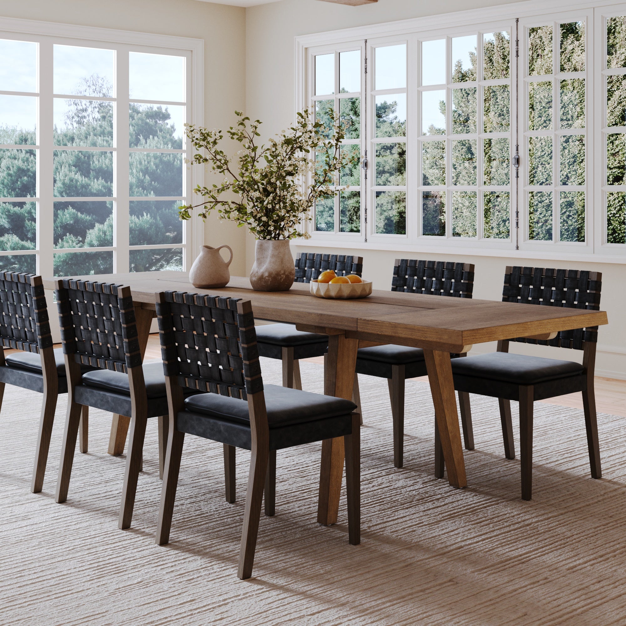 Extendable Woven Faux Leather Dining Set Black (8 Chairs) - Thumbnail 4