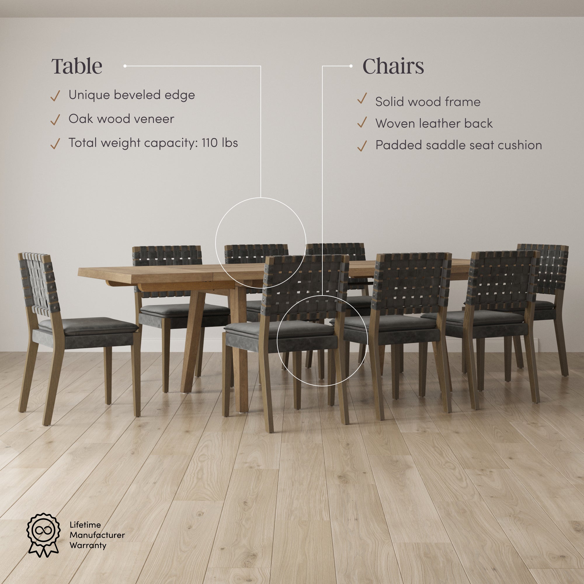 Extendable Woven Faux Leather Dining Set Black (8 Chairs) - Thumbnail 5