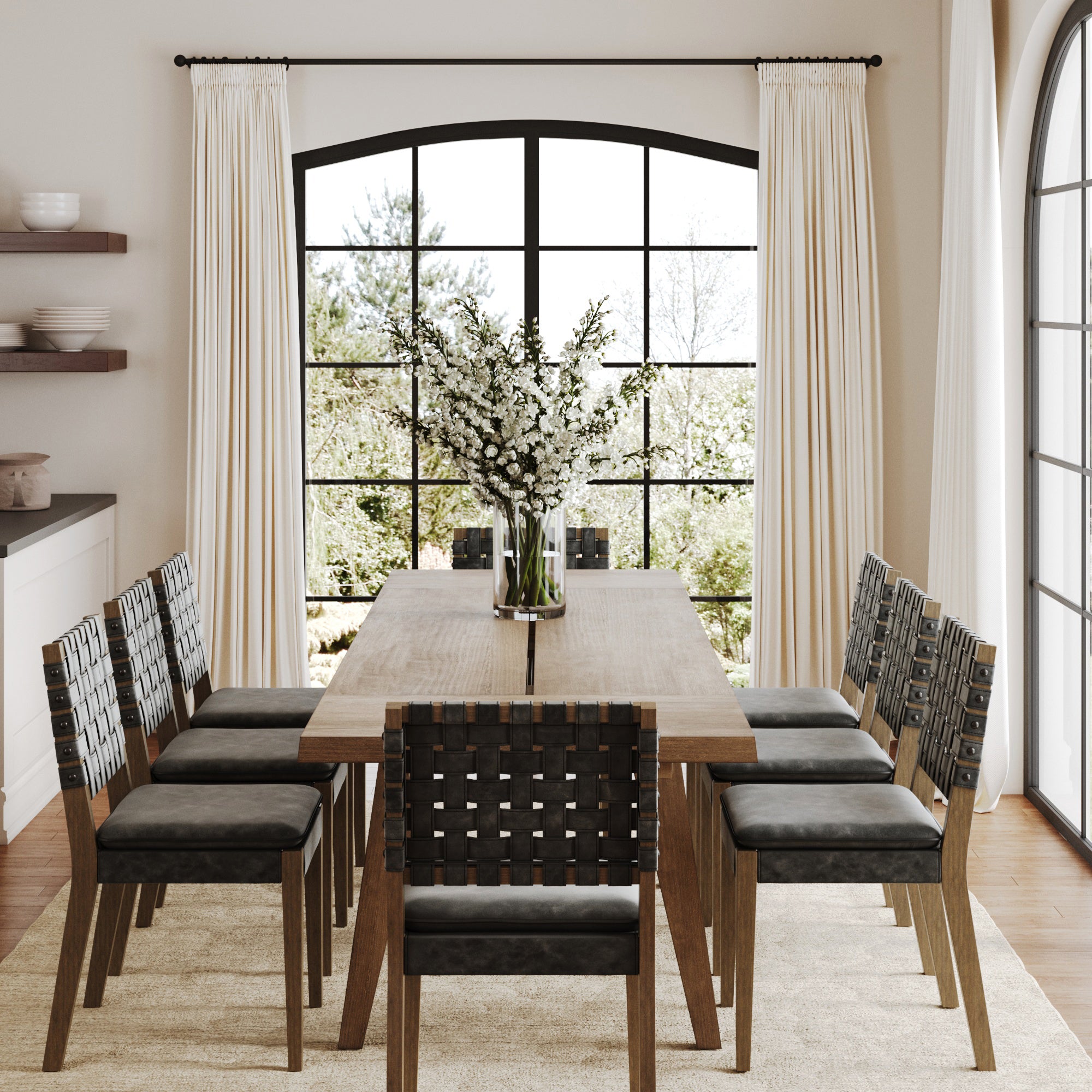 Extendable Woven Faux Leather Dining Set Black (8 Chairs)