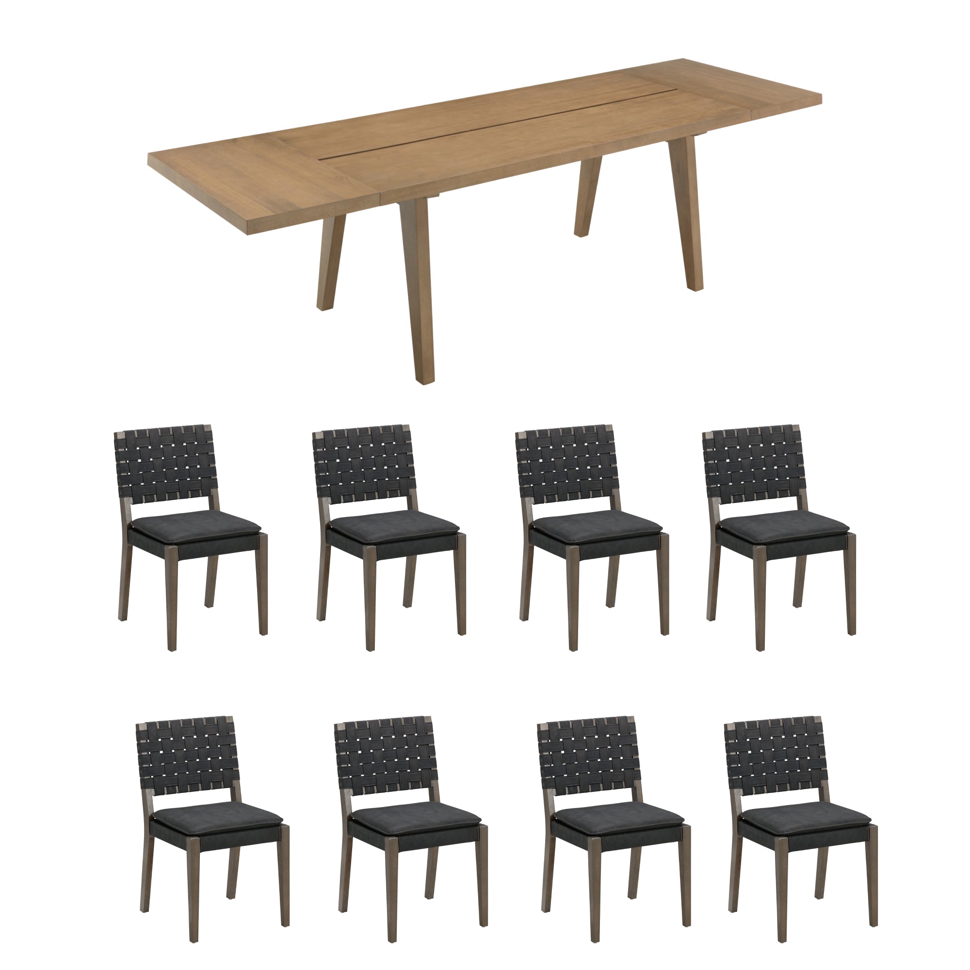 Extendable Woven Faux Leather Dining Set Black (8 Chairs) - Thumbnail 2