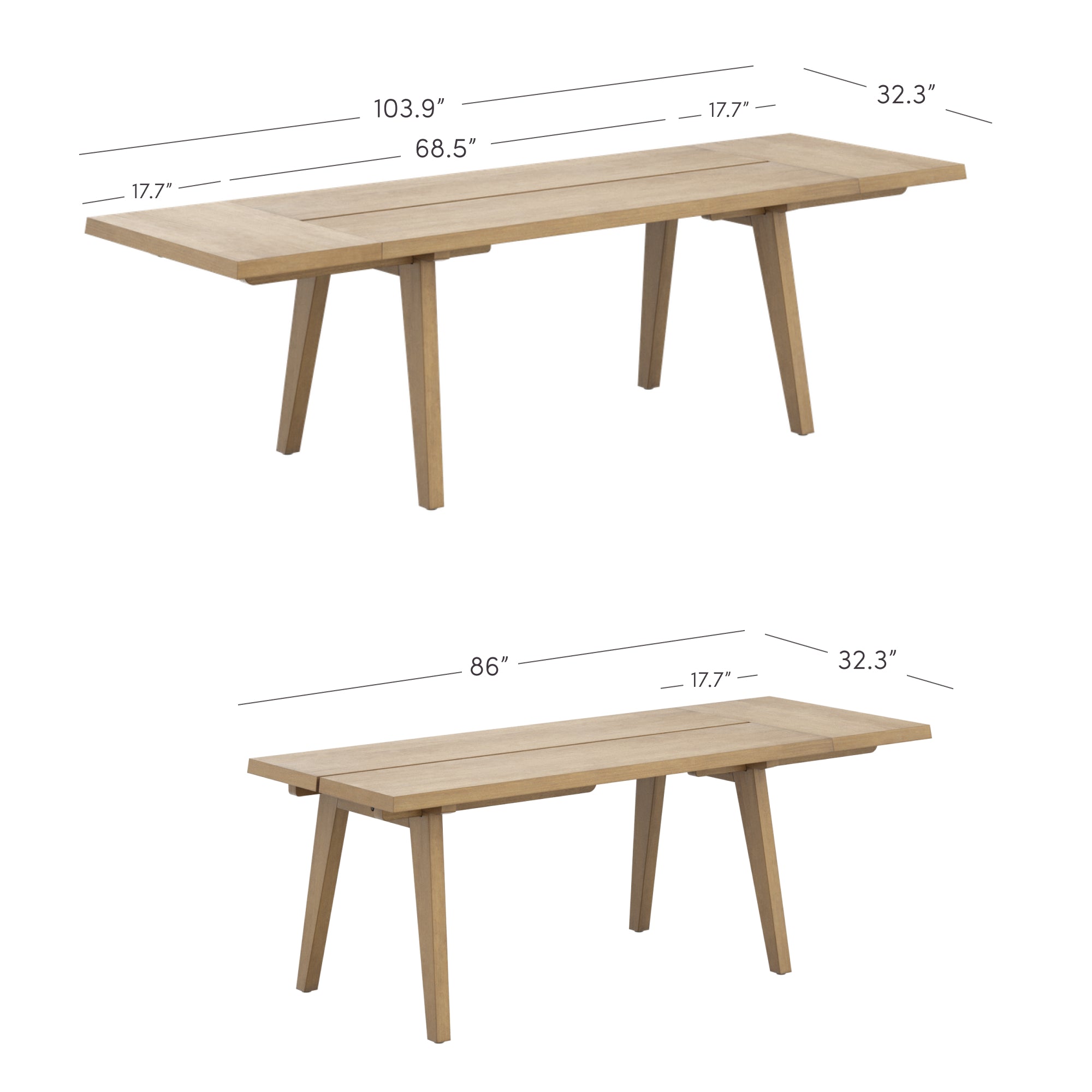 Rectangular wooden dining table with four legs and extension leaves at each end. The image includes measurements for length, width, and height, with dimensions labeled in inches.