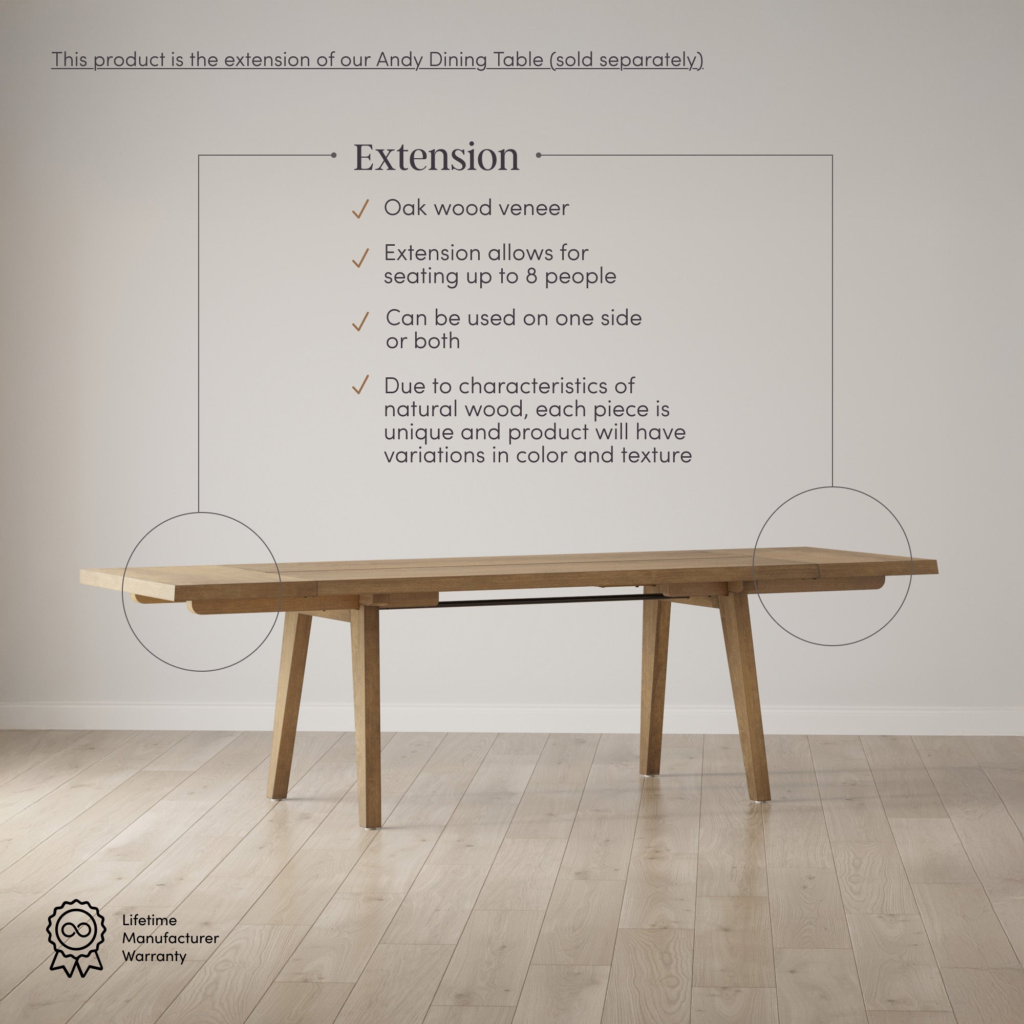 A wooden dining table with angled legs is displayed in a bright room. Text describes features: beveled edge, oak veneer, 198 lbs capacity, 8-seat extension, unique wood variations, and lifetime manufacturer warranty.