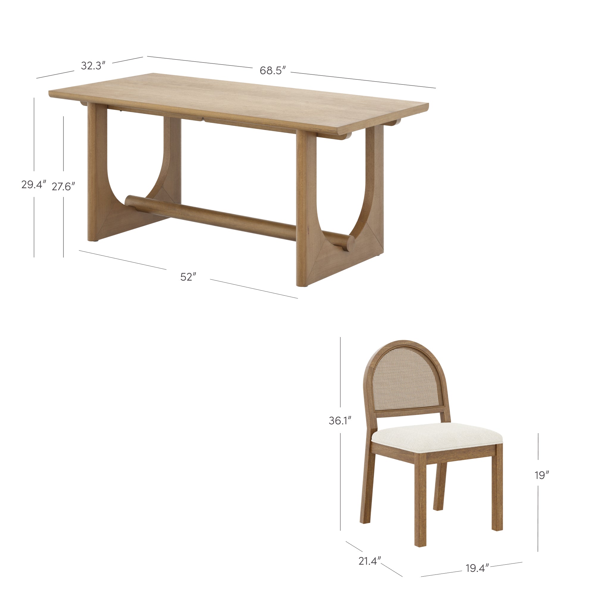 A wooden dining table with rounded legs, measuring 68.5 L x 32.3 W x 29.4/27.6 H, and a matching chair with a rounded back and light cushion, measuring 36.1 H x 21.4 D x 19.4 W x 19 seat height.