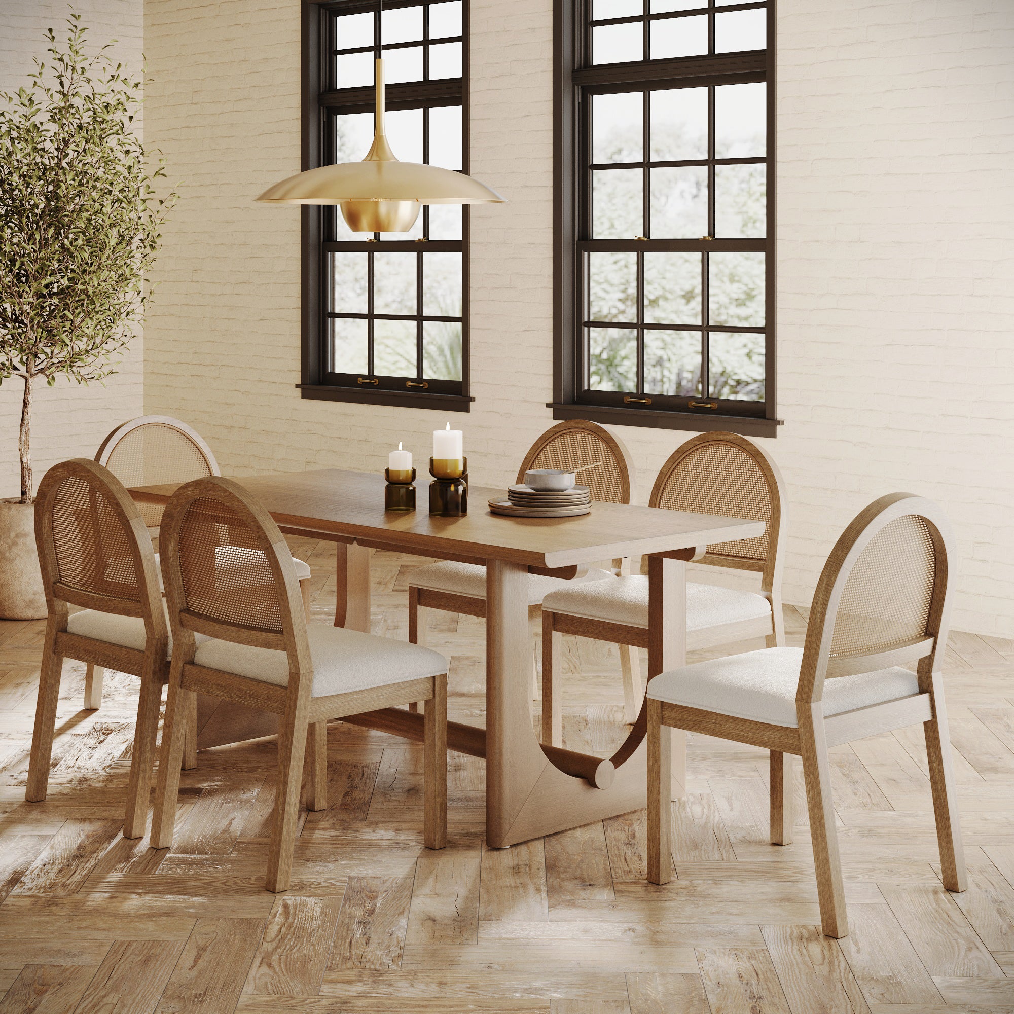 Mid-Century Rattan Boucle Dining Table Set (6 Chairs)