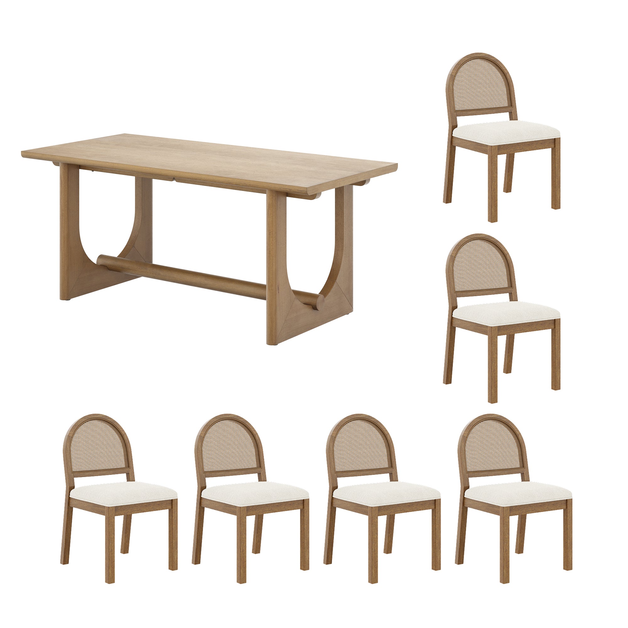 Mid-Century Rattan Boucle Dining Table Set (6 Chairs)