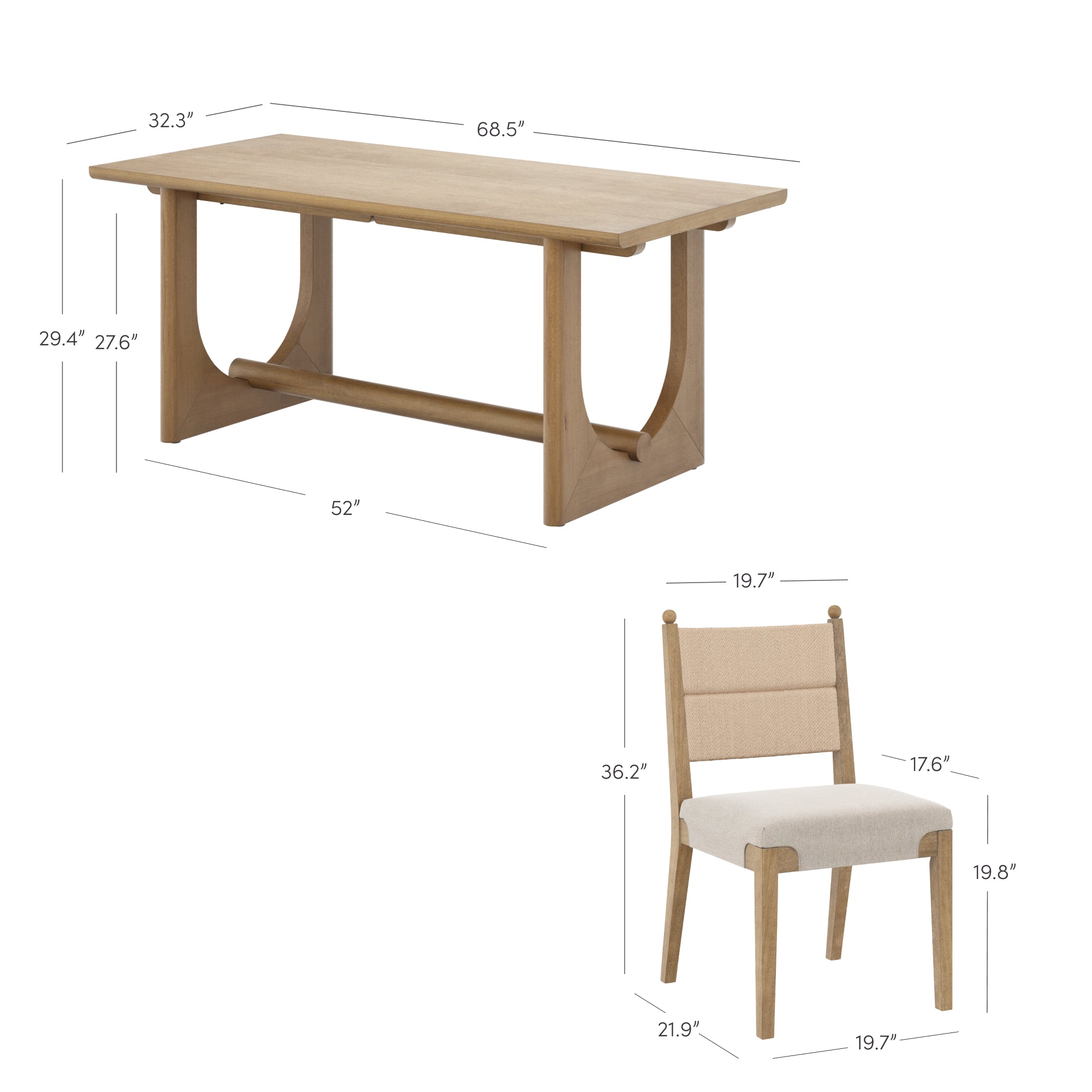 A wooden dining table with dimensions 68.5 L x 32.3 W x 29.4 H and a matching chair with a cushioned seat and back, measuring 36.2 H x 19.7 W x 21.9 D. Detailed measurements are labeled.