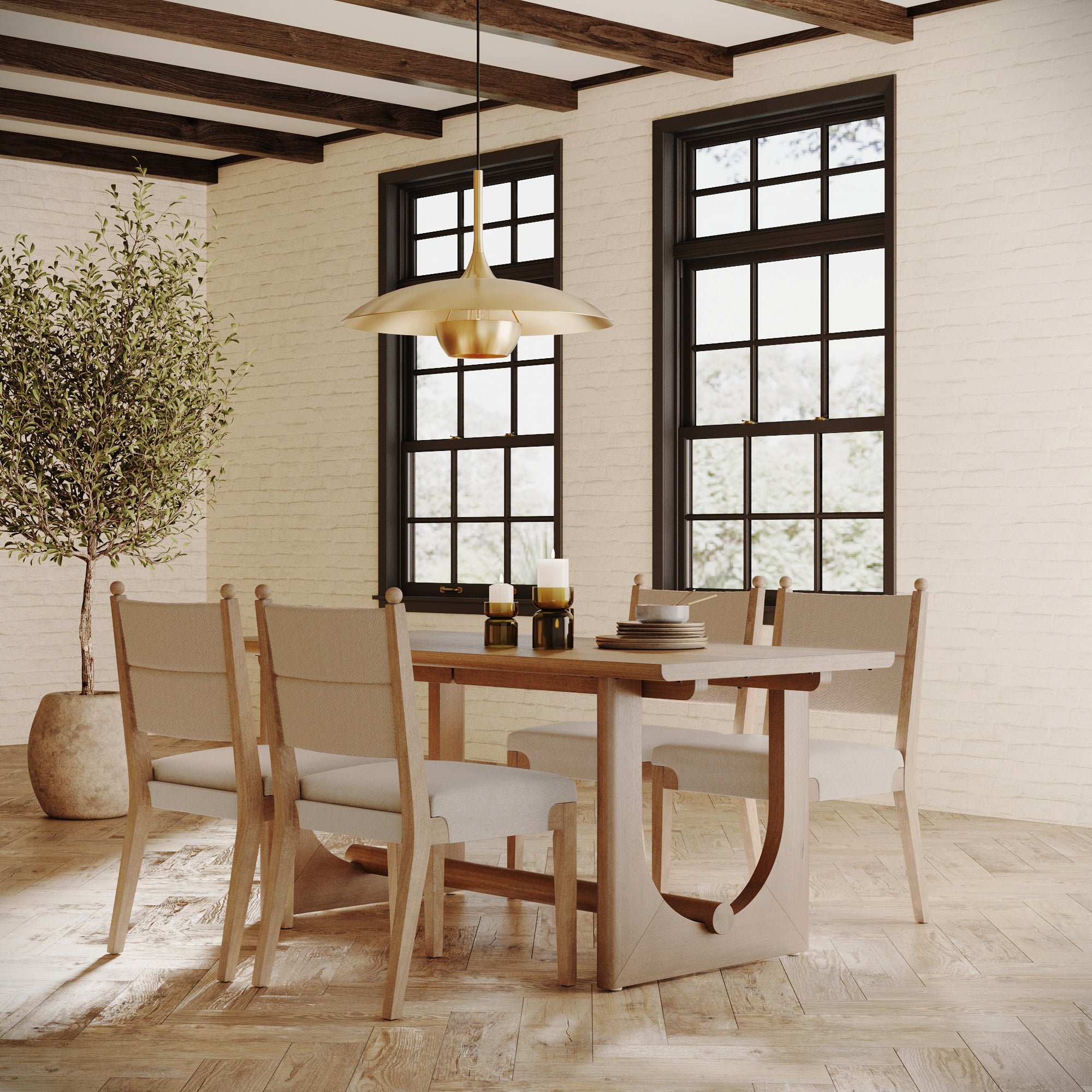 Close-up of a single dining chair with upholstered back and seat, wood frame, and round wood finials on top.
