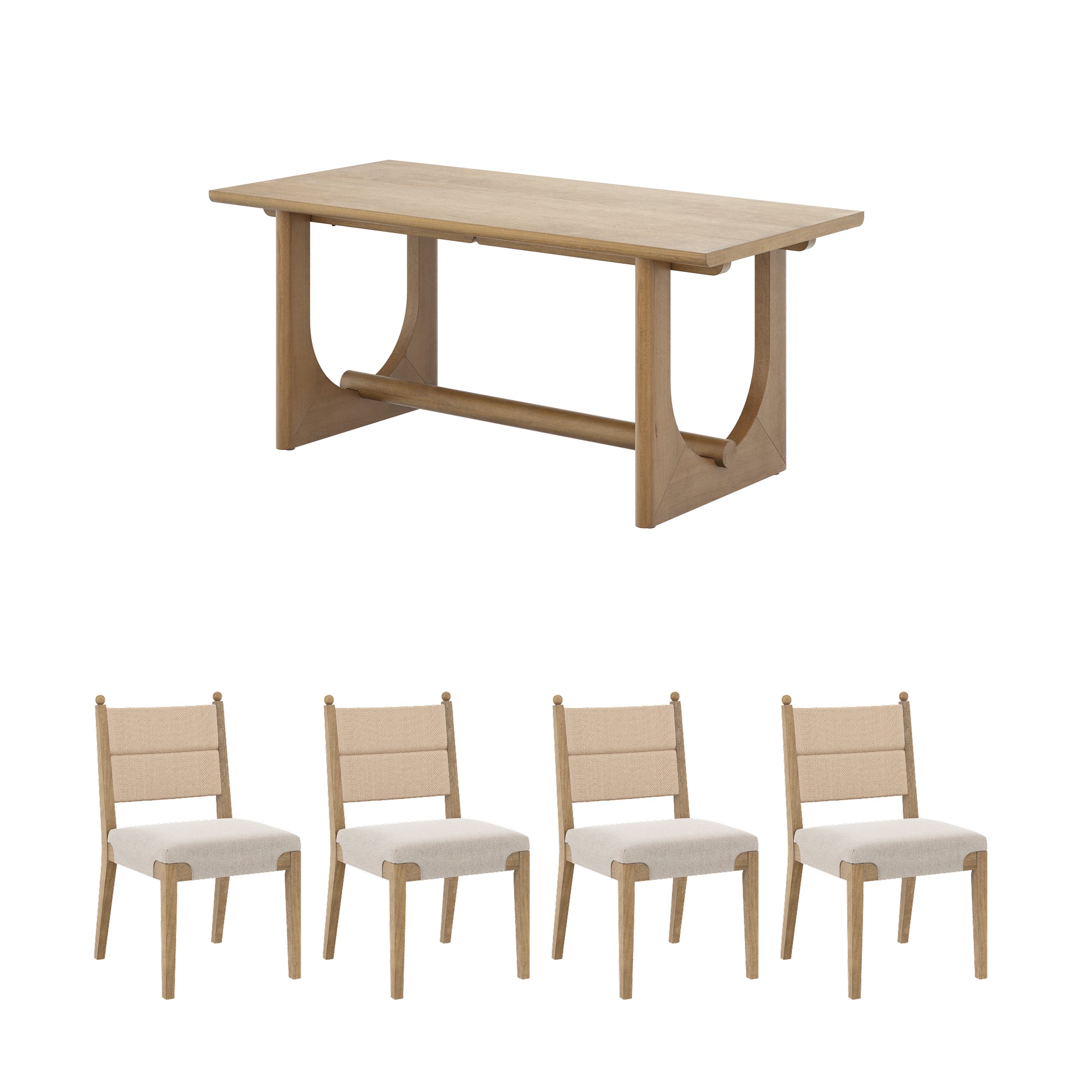 A light wood rectangular dining table with four matching chairs, each with a woven backrest and cushioned seat, displayed against a white background.