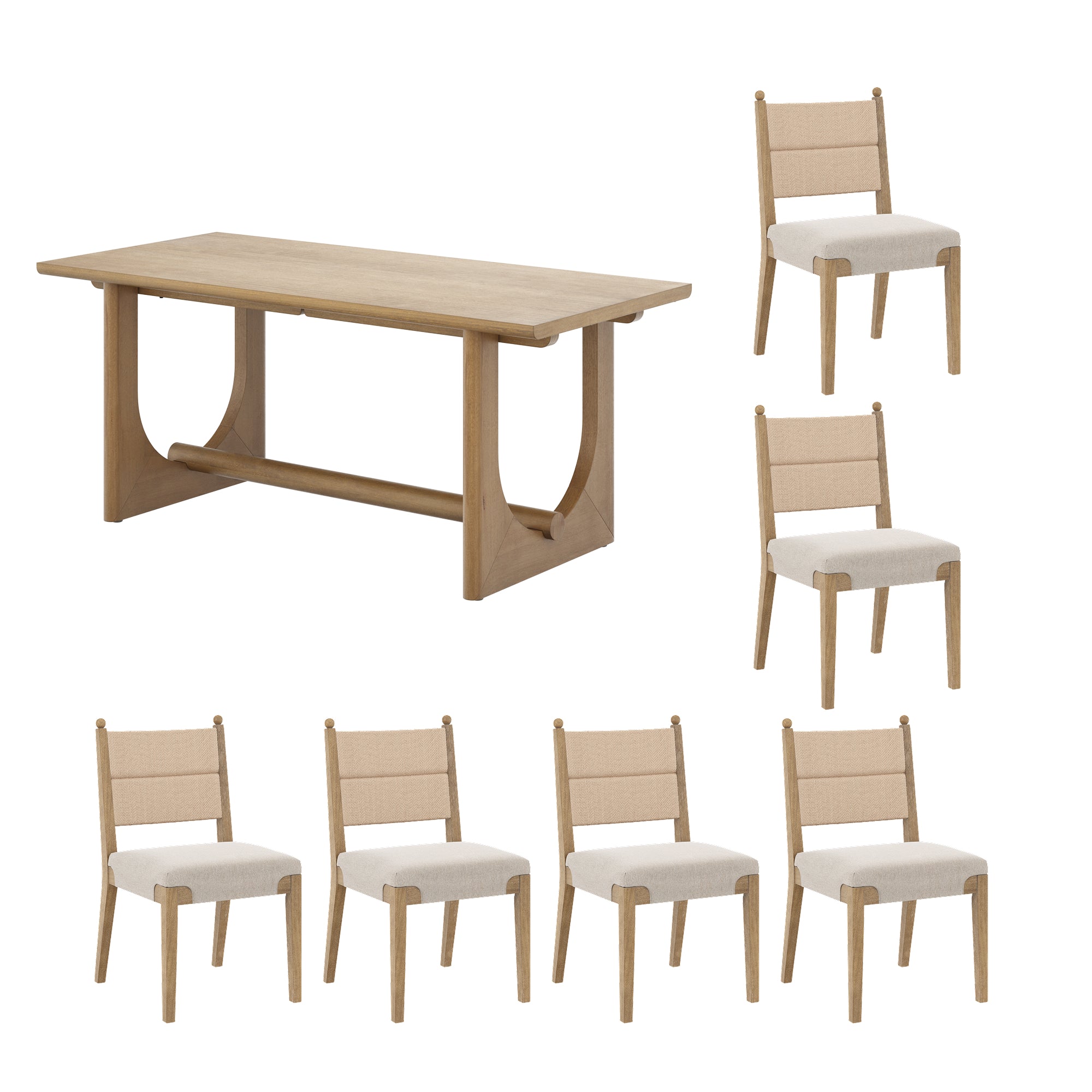 A wooden dining table with a rectangular top and six matching chairs with light-colored upholstered seats, arranged around the table on a white background.