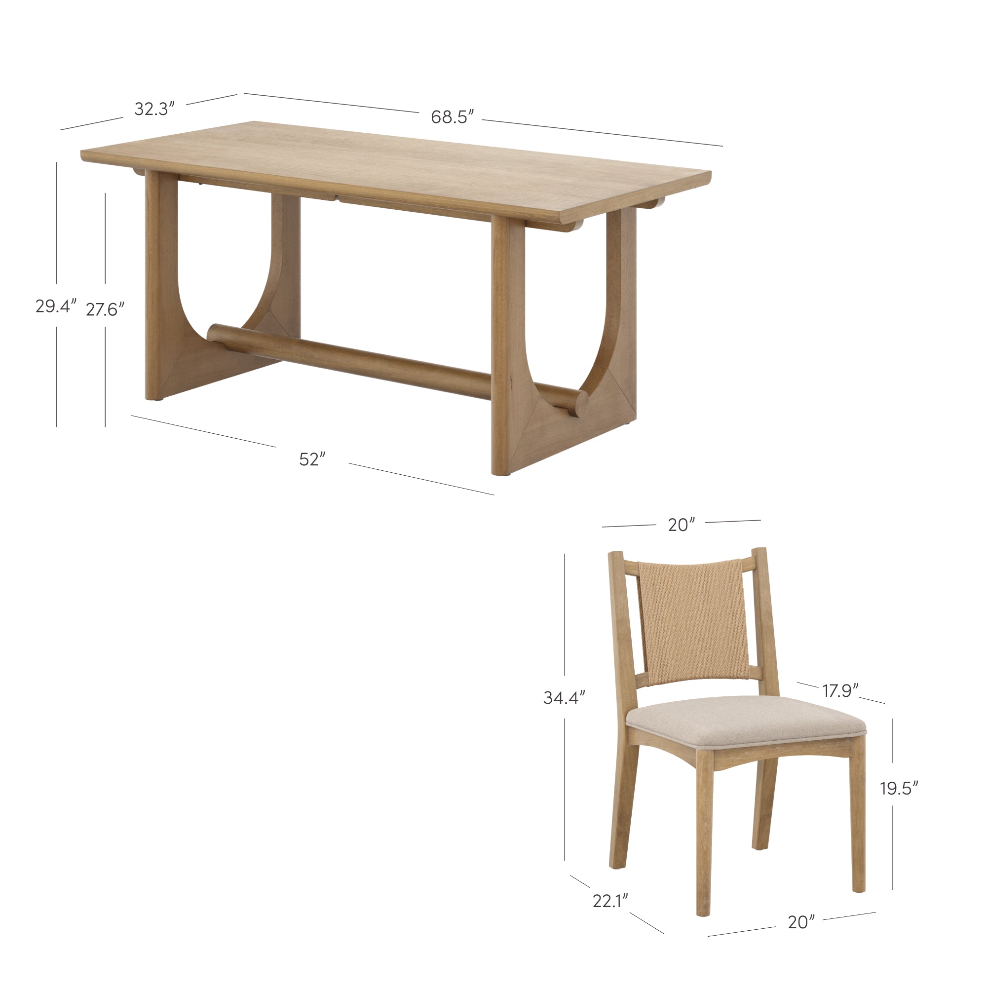 A wooden dining table and chair with measurements. Table: 68.5 long, 32.3 wide, 29.4/29.6 high, base 52. Chair: 20 wide, 22.1 deep, 34.4 high, seat 19.5 high and 17.9 deep, light cushioned seat.