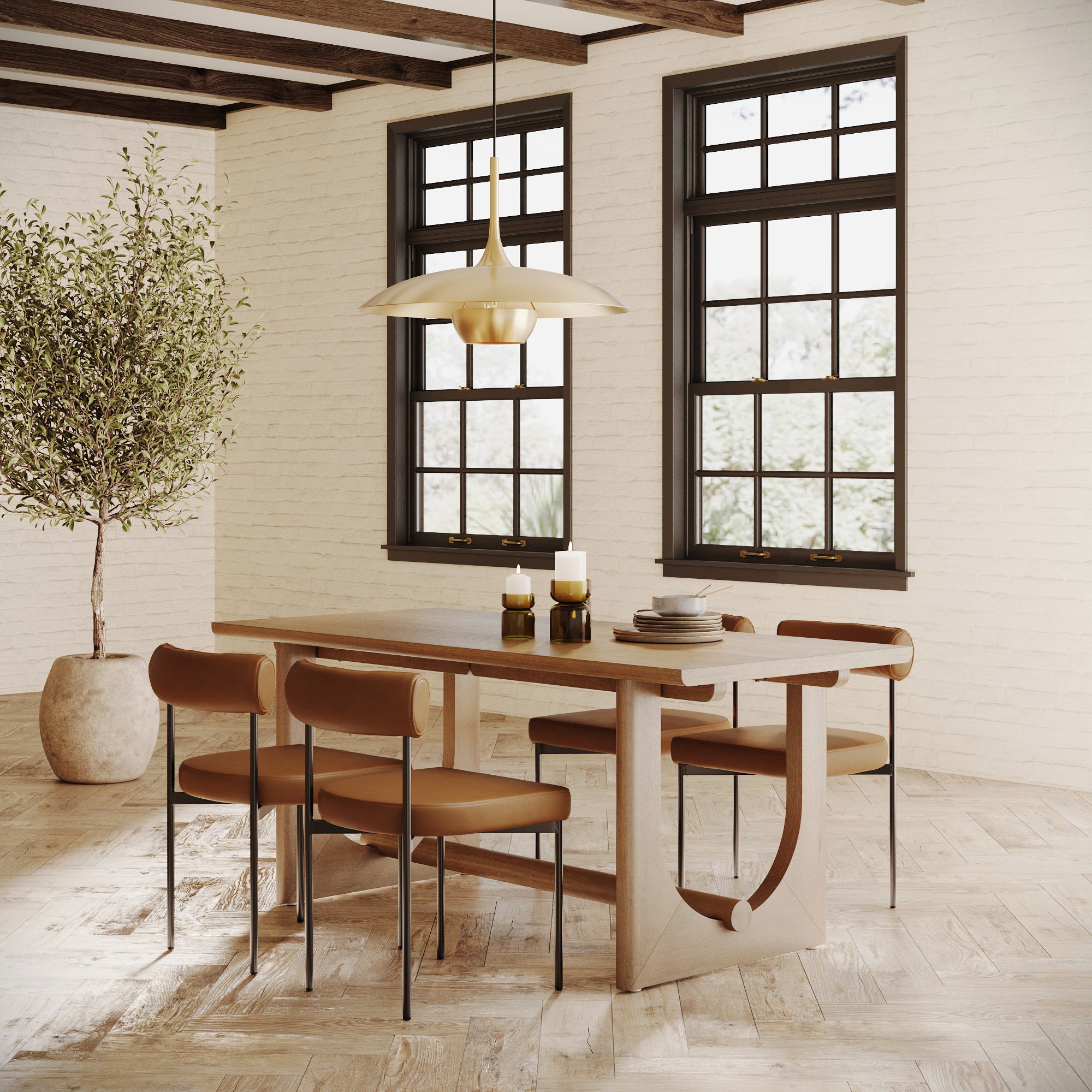 Dining Room Set for 4 with Faux Leather Dining Chairs, Light Brown