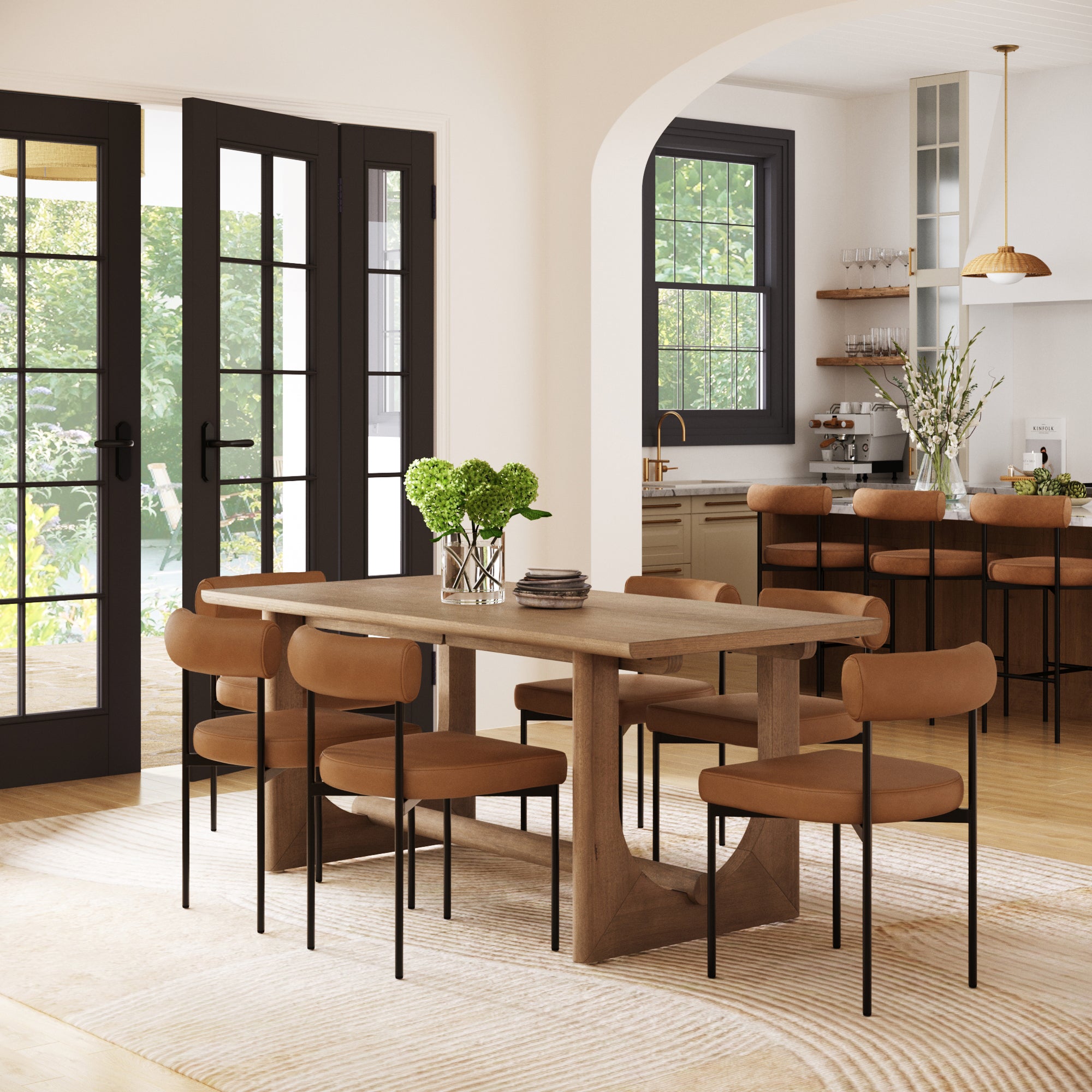 Mid-Century Faux Leather Dining Set (6 Chairs) - Thumbnail 3