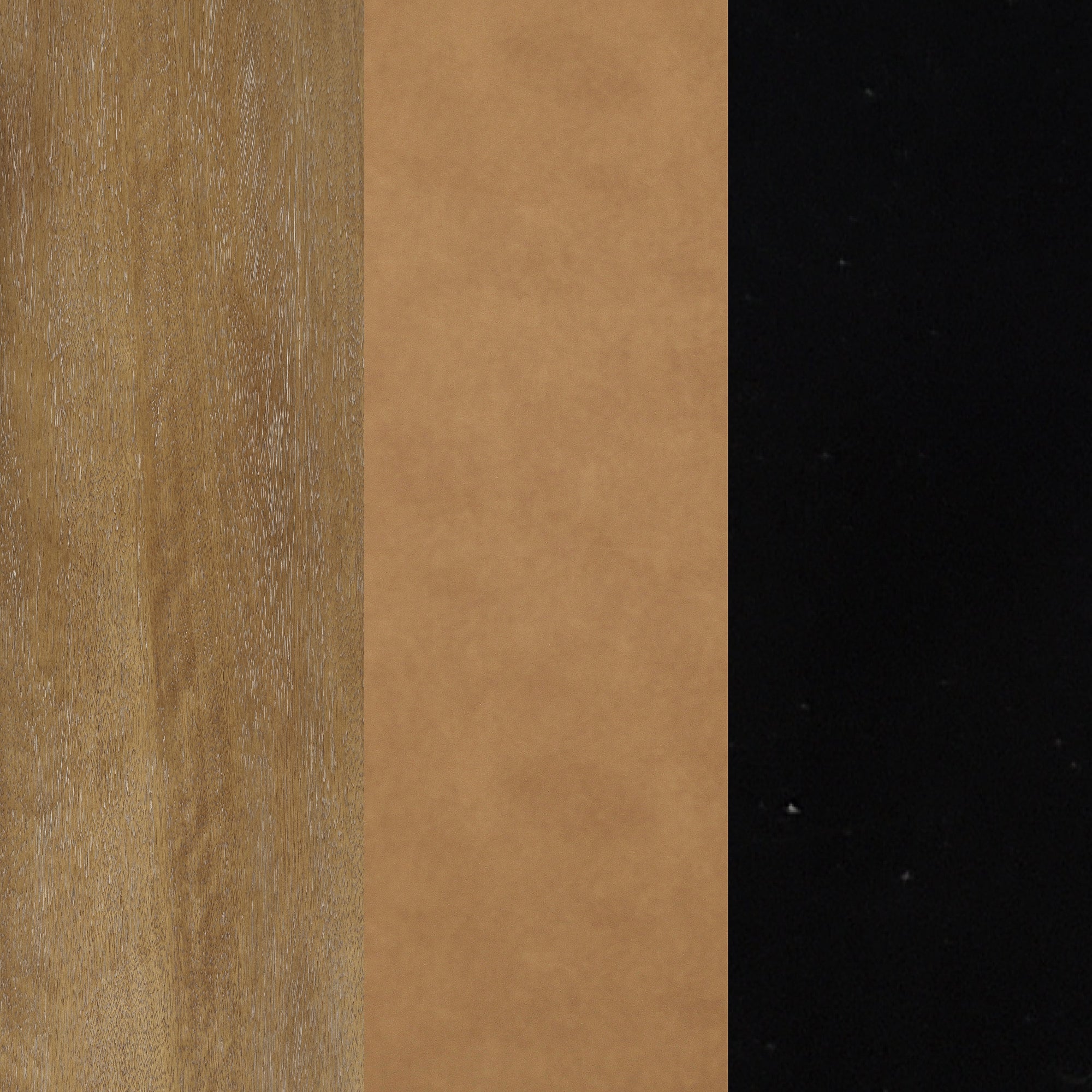 Three vertical panels: the left shows a light wood grain texture, the center has a smooth light brown surface, and the right features a solid matte black background.