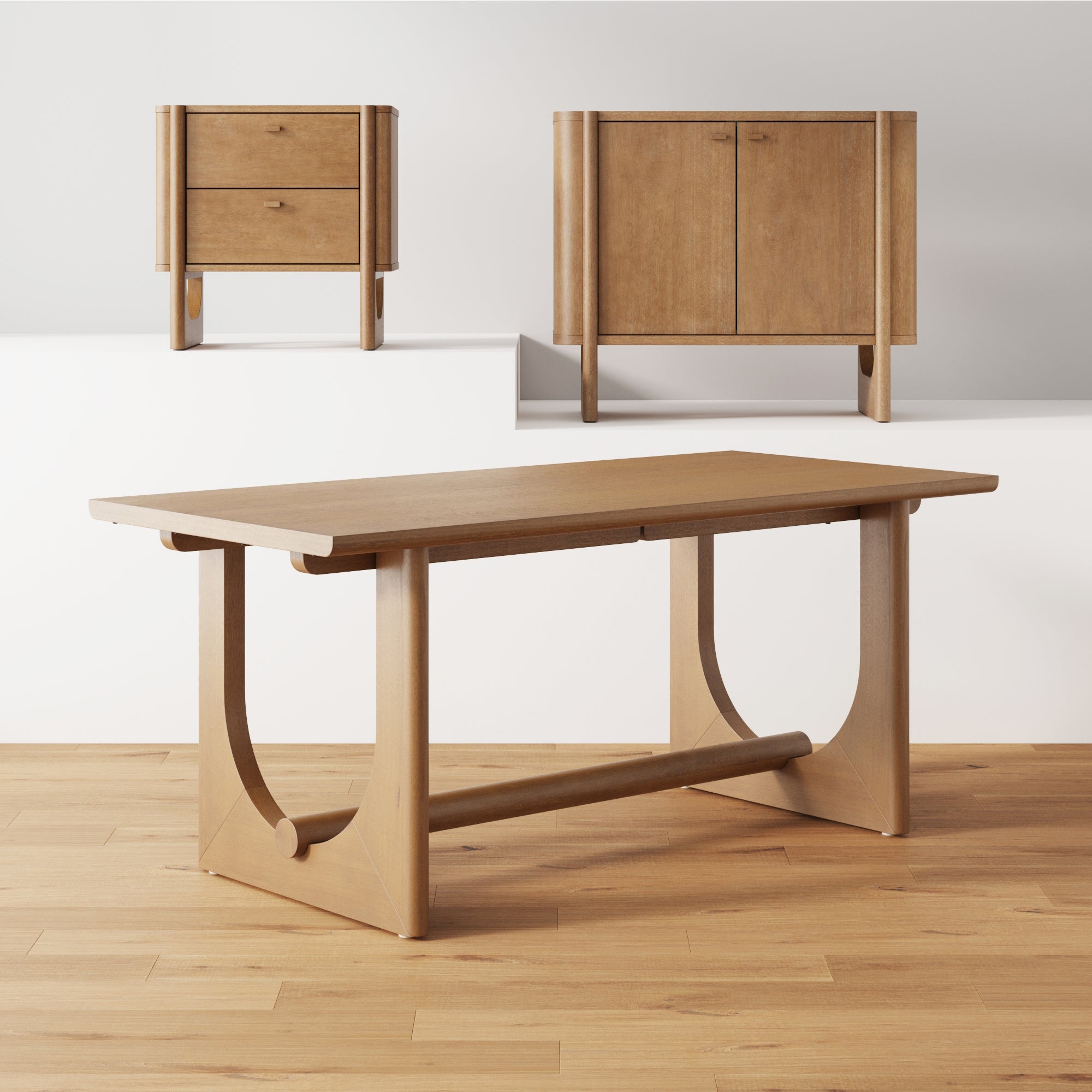 Minimalist wooden furniture set including a rectangular dining table, a two-drawer chest, and a cabinet with double doors, all in a light wood finish on a wood floor and white background.