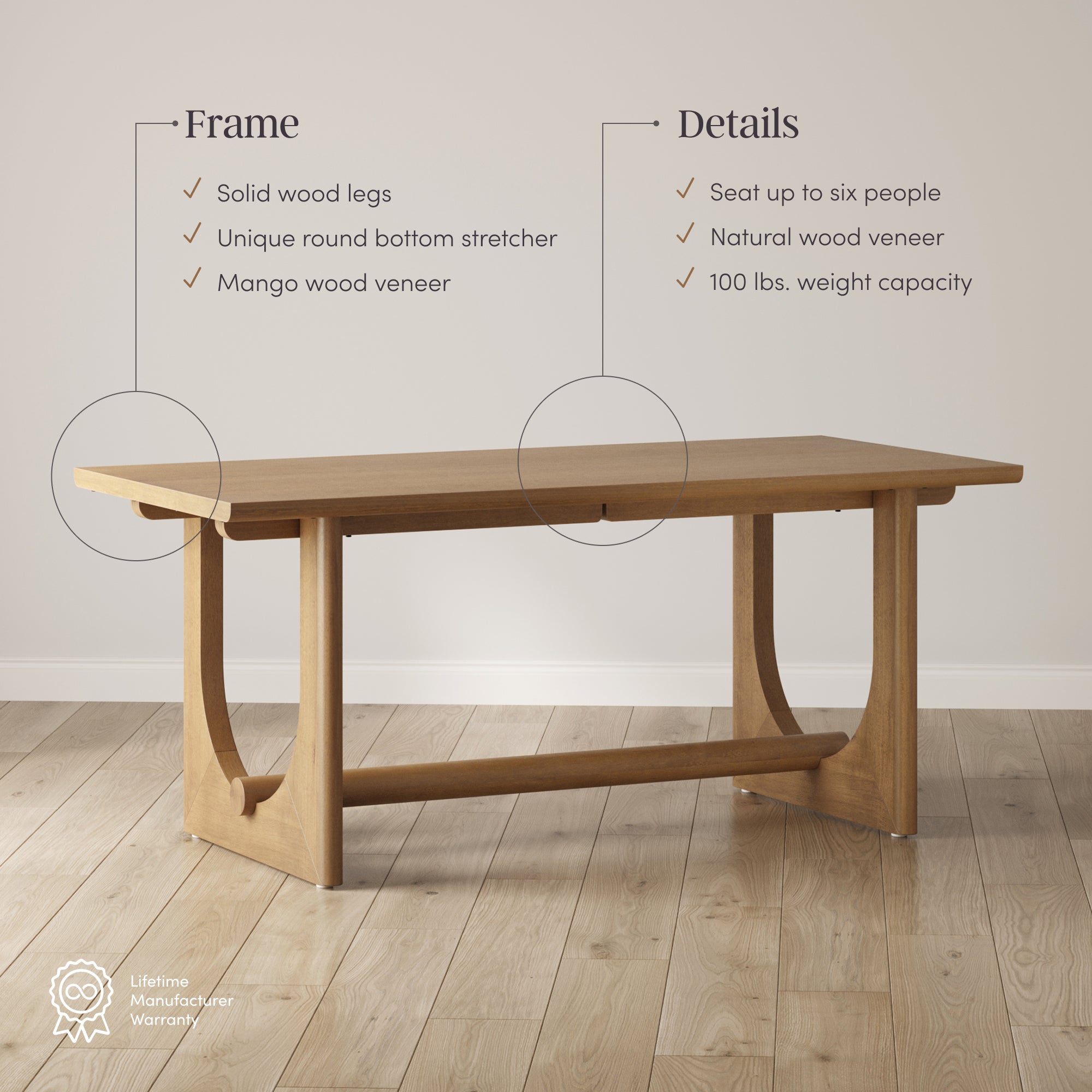 Solace Wood Dining Table for 6 with U Shaped Legs | Nathan James