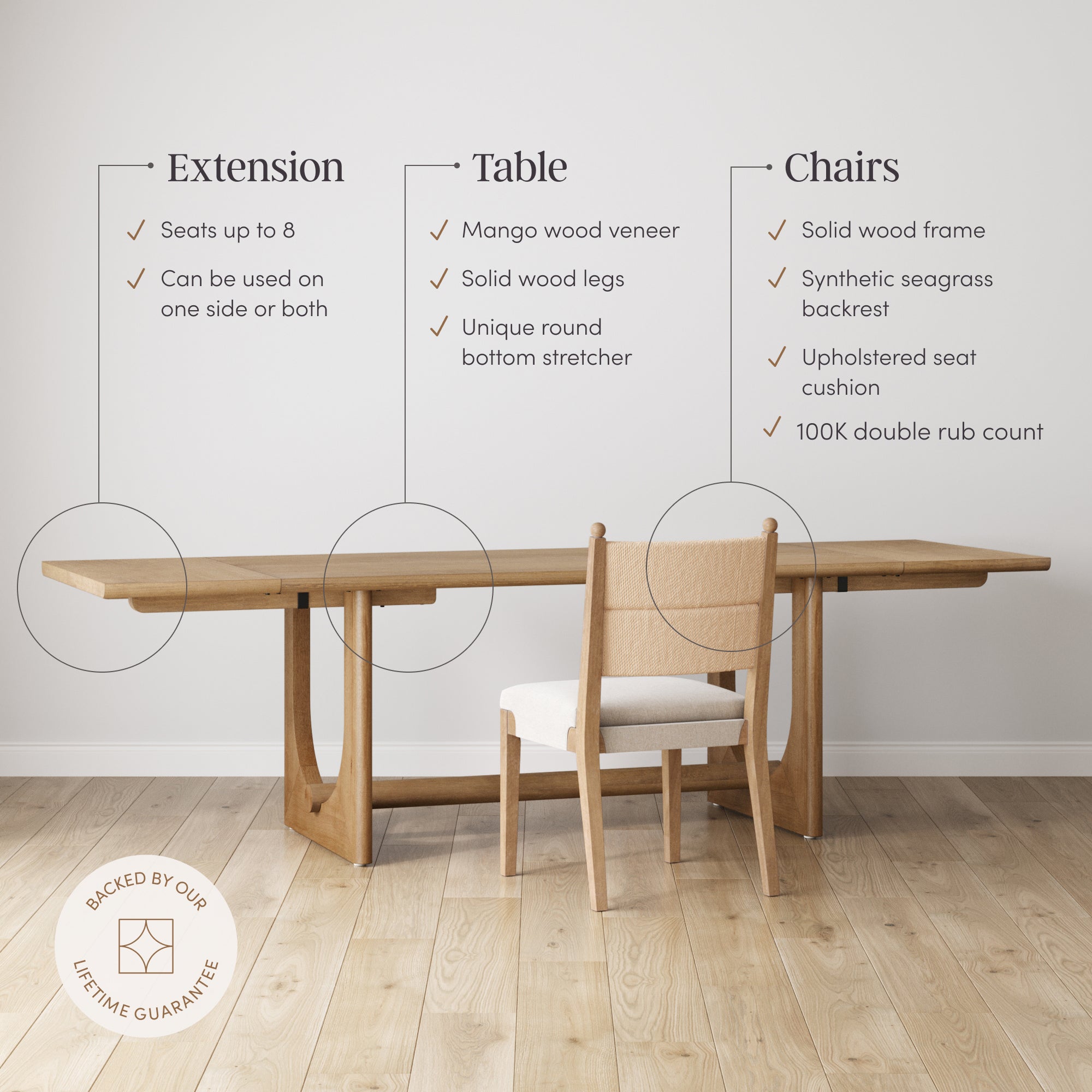 Extendable Mid-Century Seagrass Dining Table Set (6 Chairs) - Nathan James