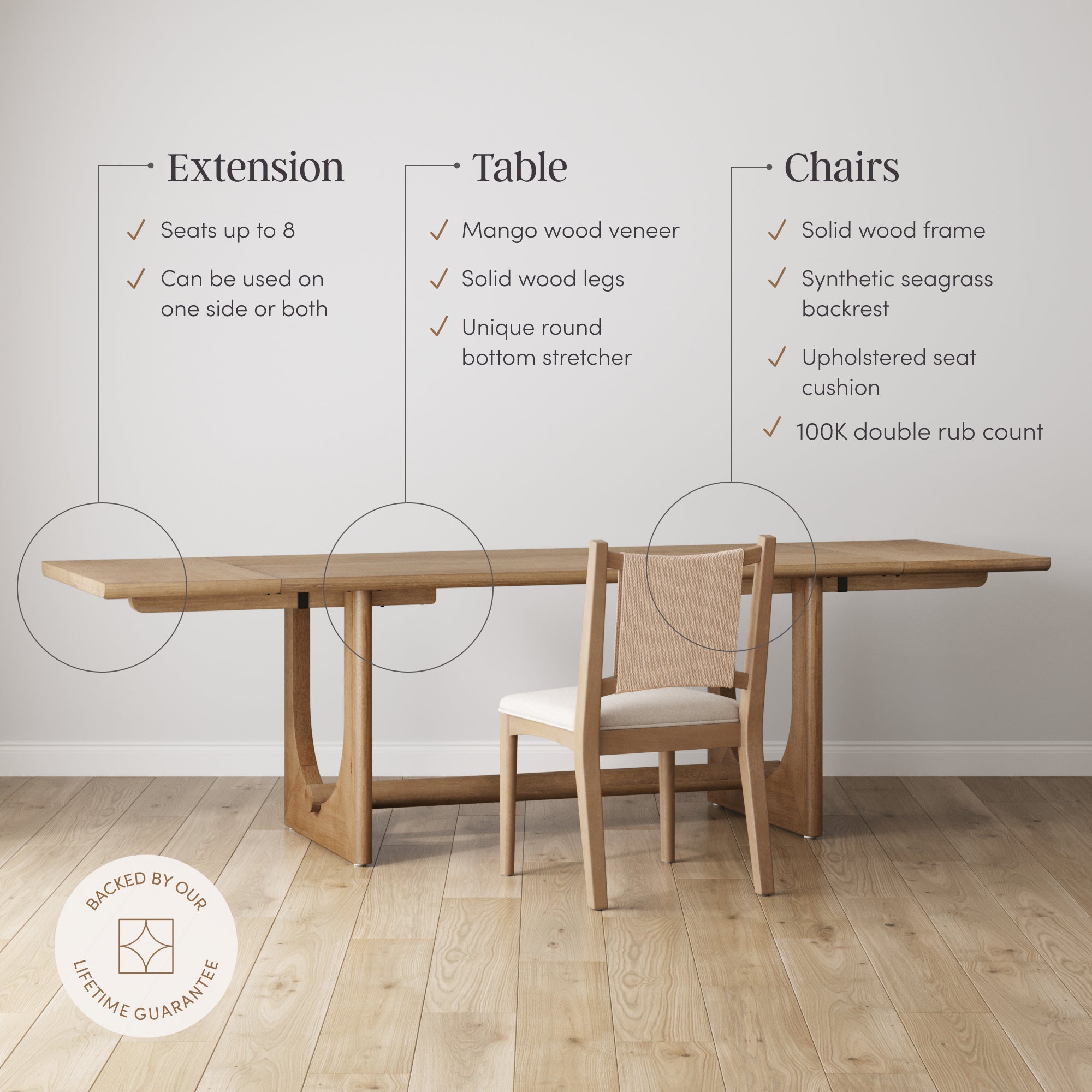 Extendable Mid-Century Flax Dining Table Set (6 Chairs) - Nathan James