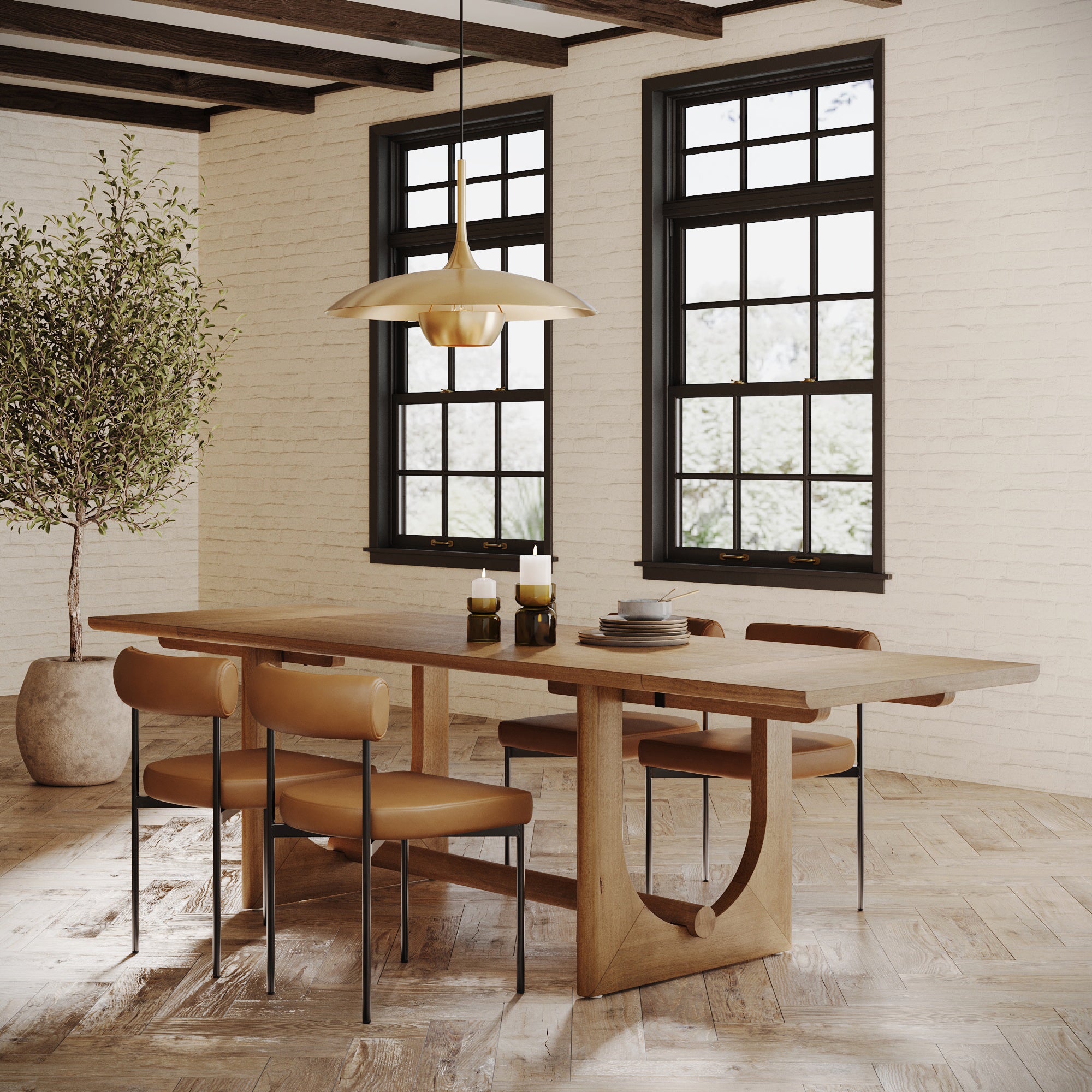 Extendable Mid-Century Faux Leather Dining Table Set - Thumbnail 2