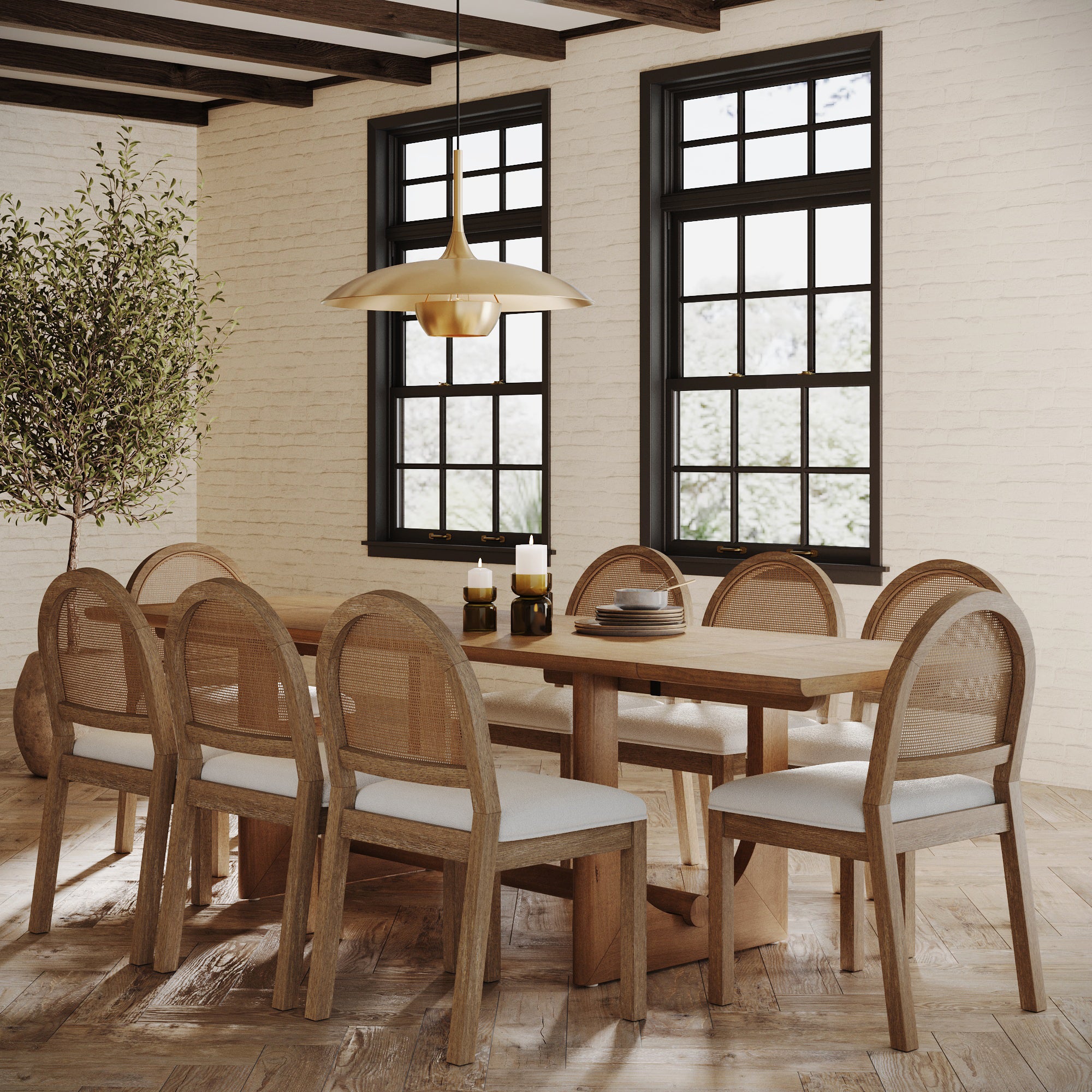 Extendable Dining Table Set with 8 Rattan Chairs
