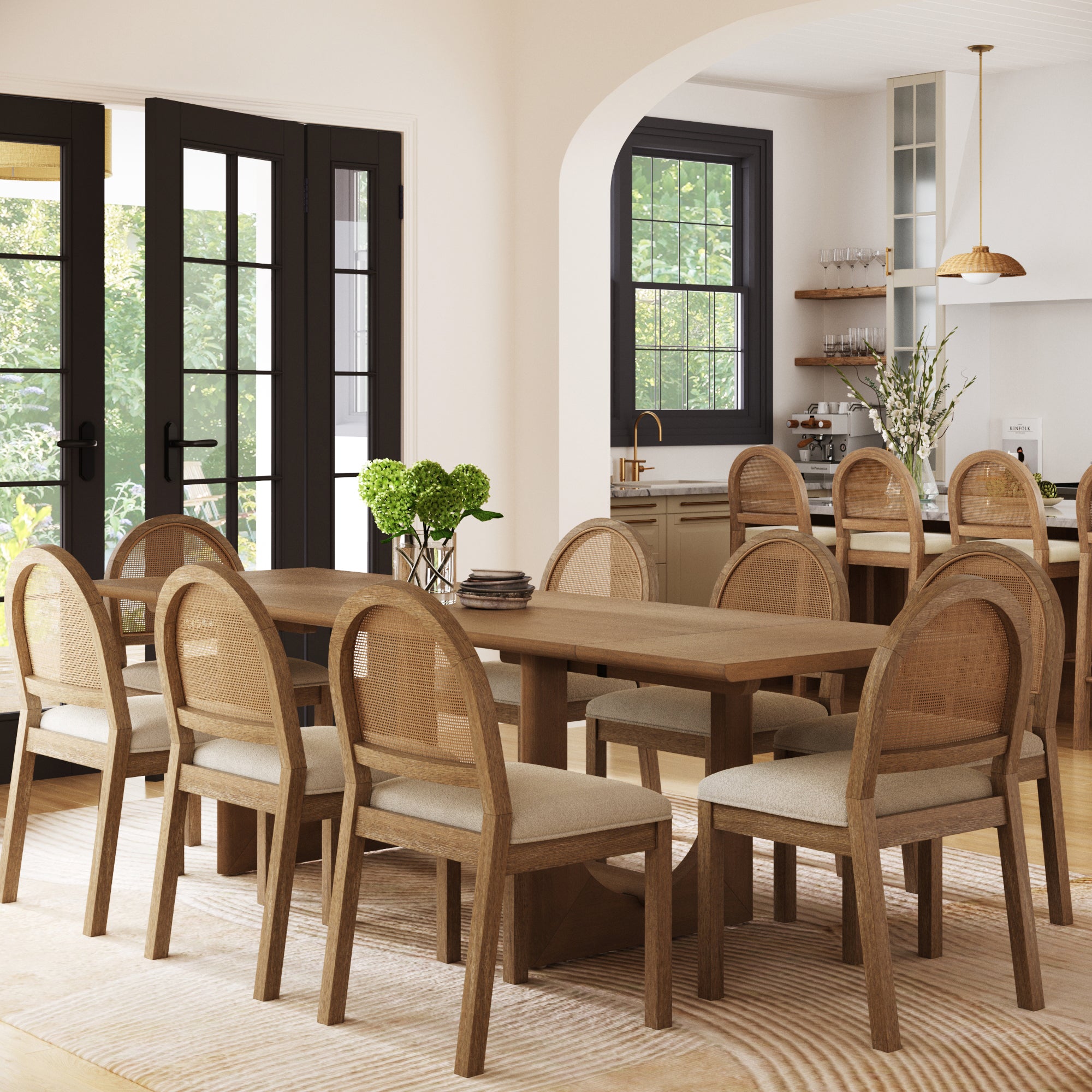 Extendable Mid-Century Rattan Dining Table Set - Thumbnail 5