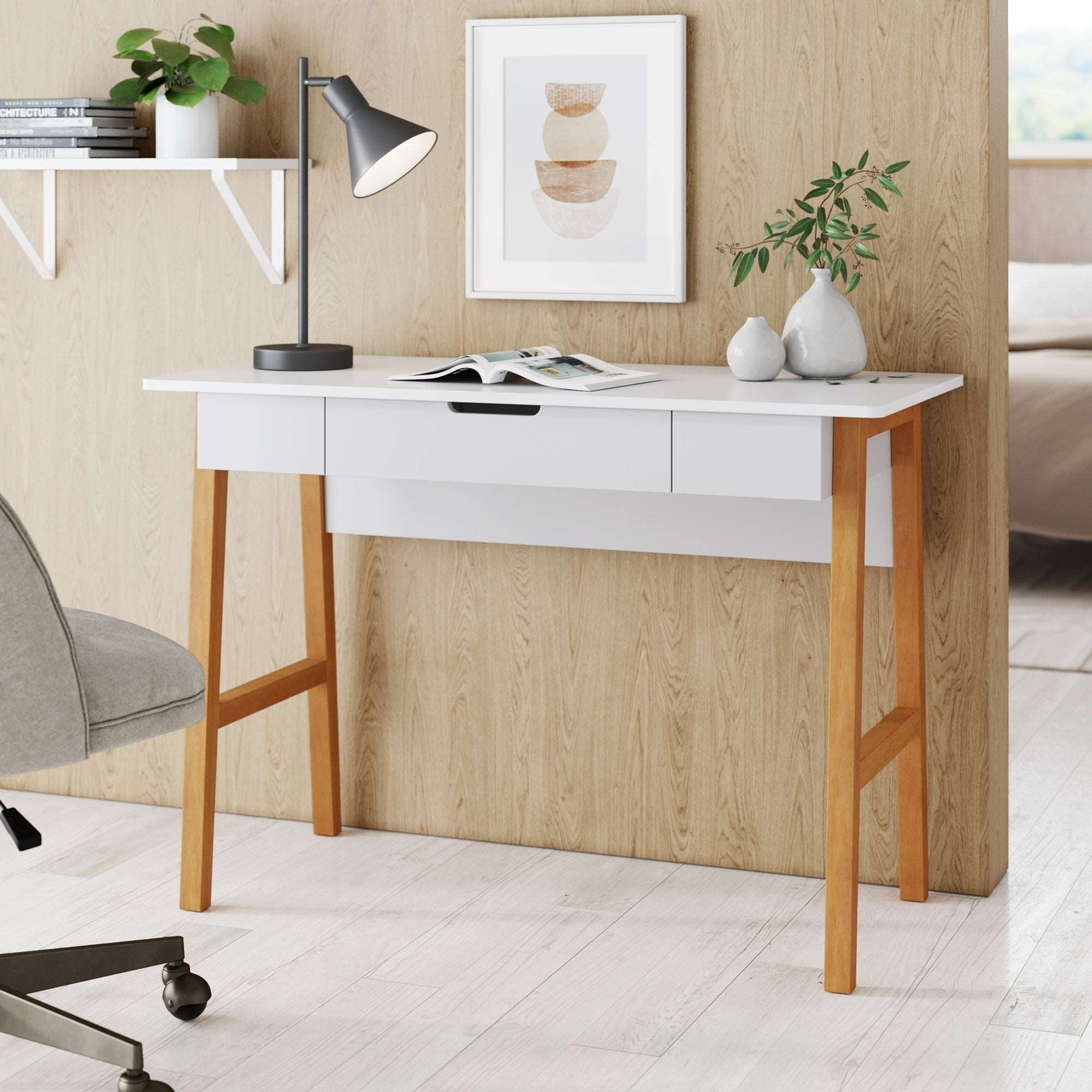 Wood Mid-Century Computer Desk Medium Pine-Matte White