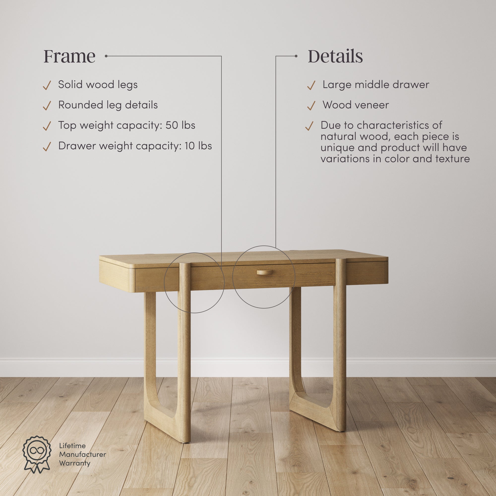 Solid Wood Desk with Drawer - Thumbnail 5