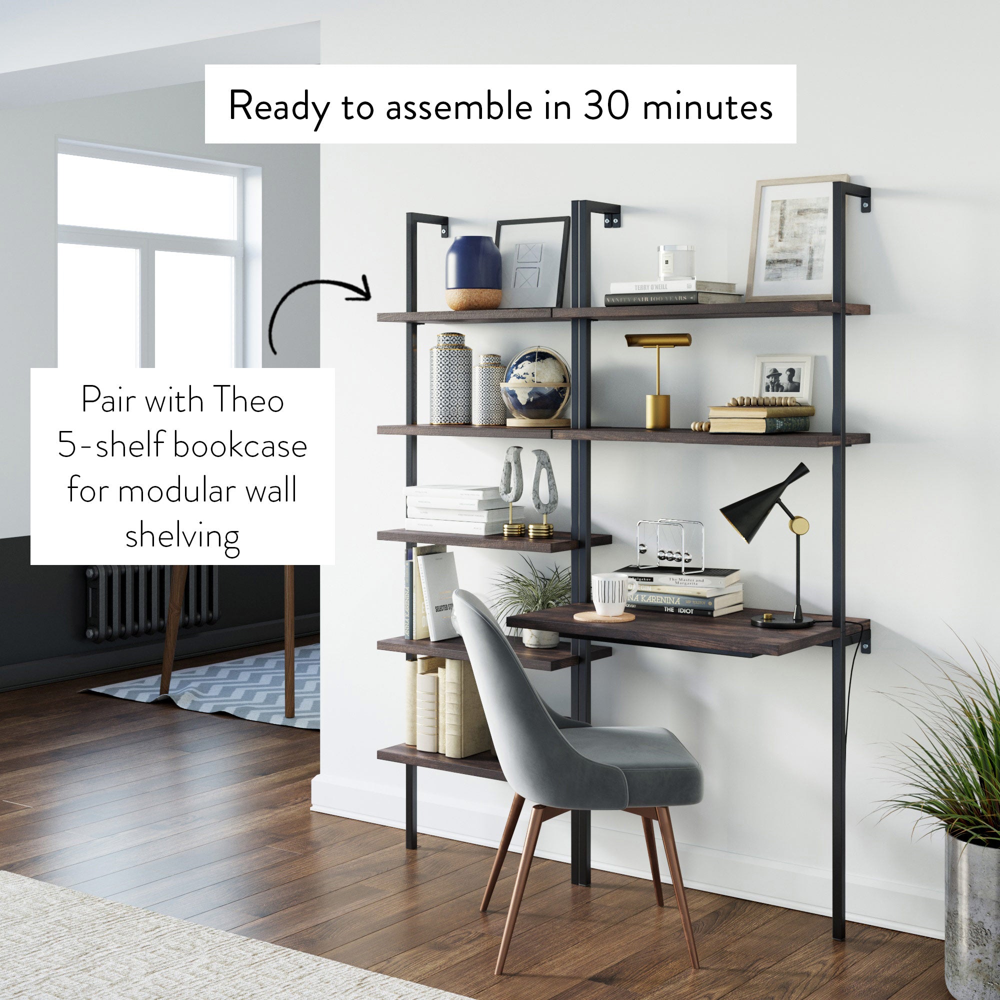 Theo Wall Mount 2-Shelf Ladder & Computer Desk Black | Nathan James