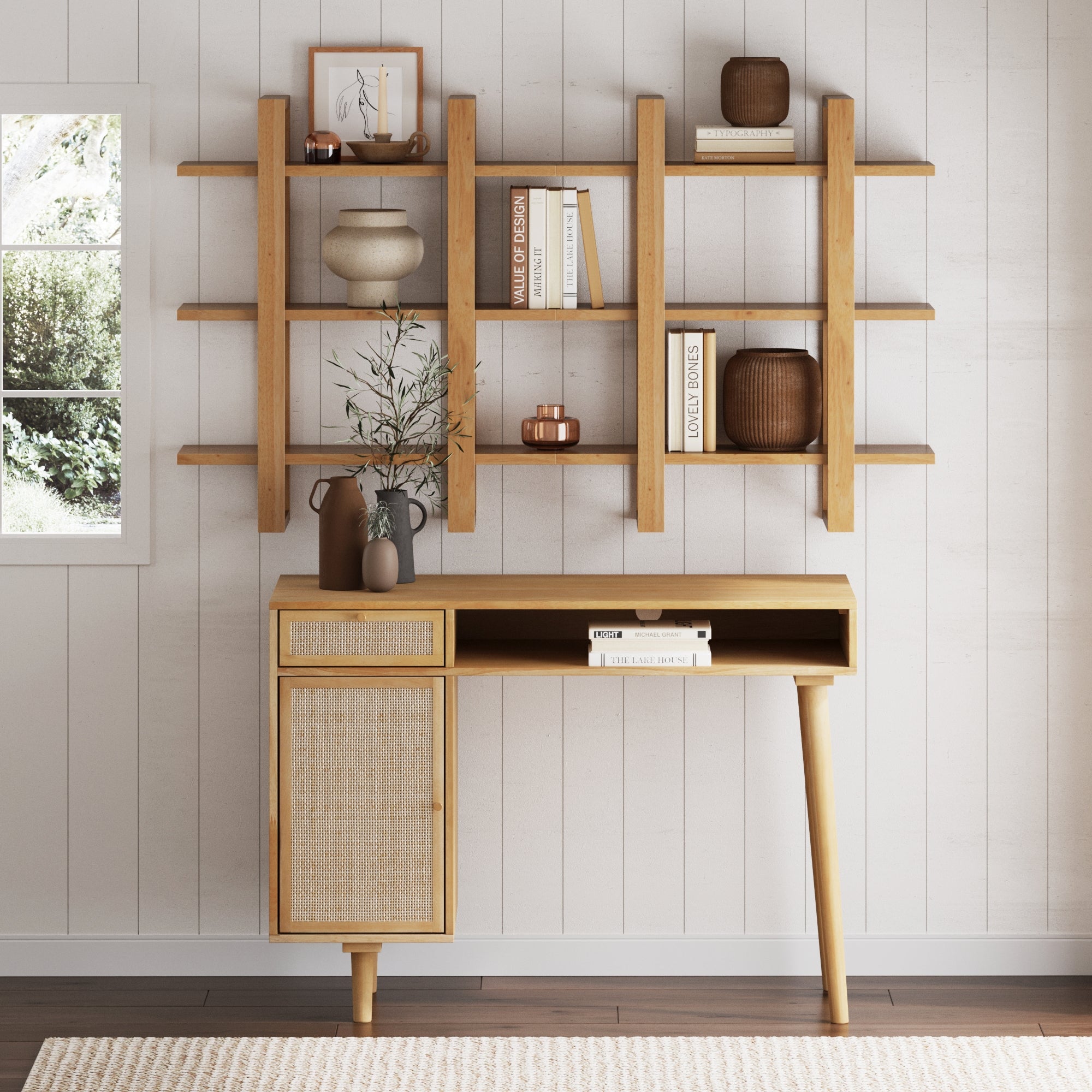 木製ラック・ウッドラック String System BASIC DESK SYSTEM Aaron Solid Wood & Rattan Desk and Bookshelf Wall Unit | Nathan James