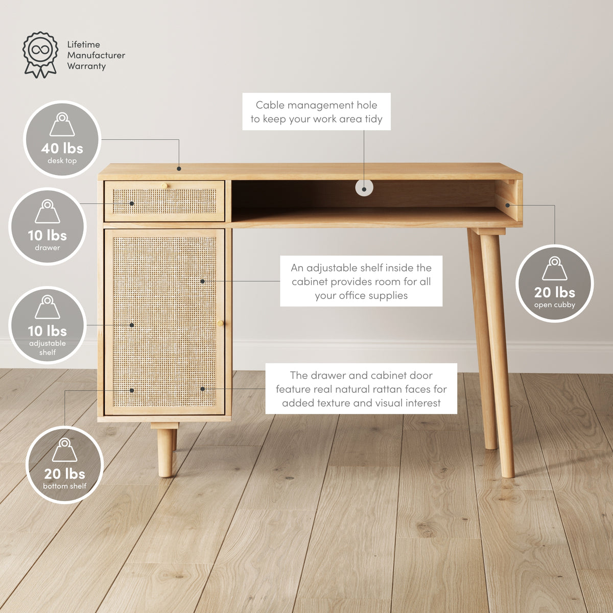 Boho Aaron Rattan Desk with Drawer | Nathan James